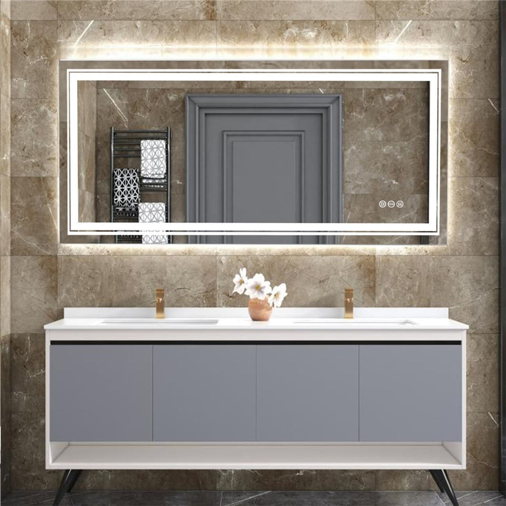 Miroir de salle de bain extra large avec éclairage LED, antibuée, 3 couleurs