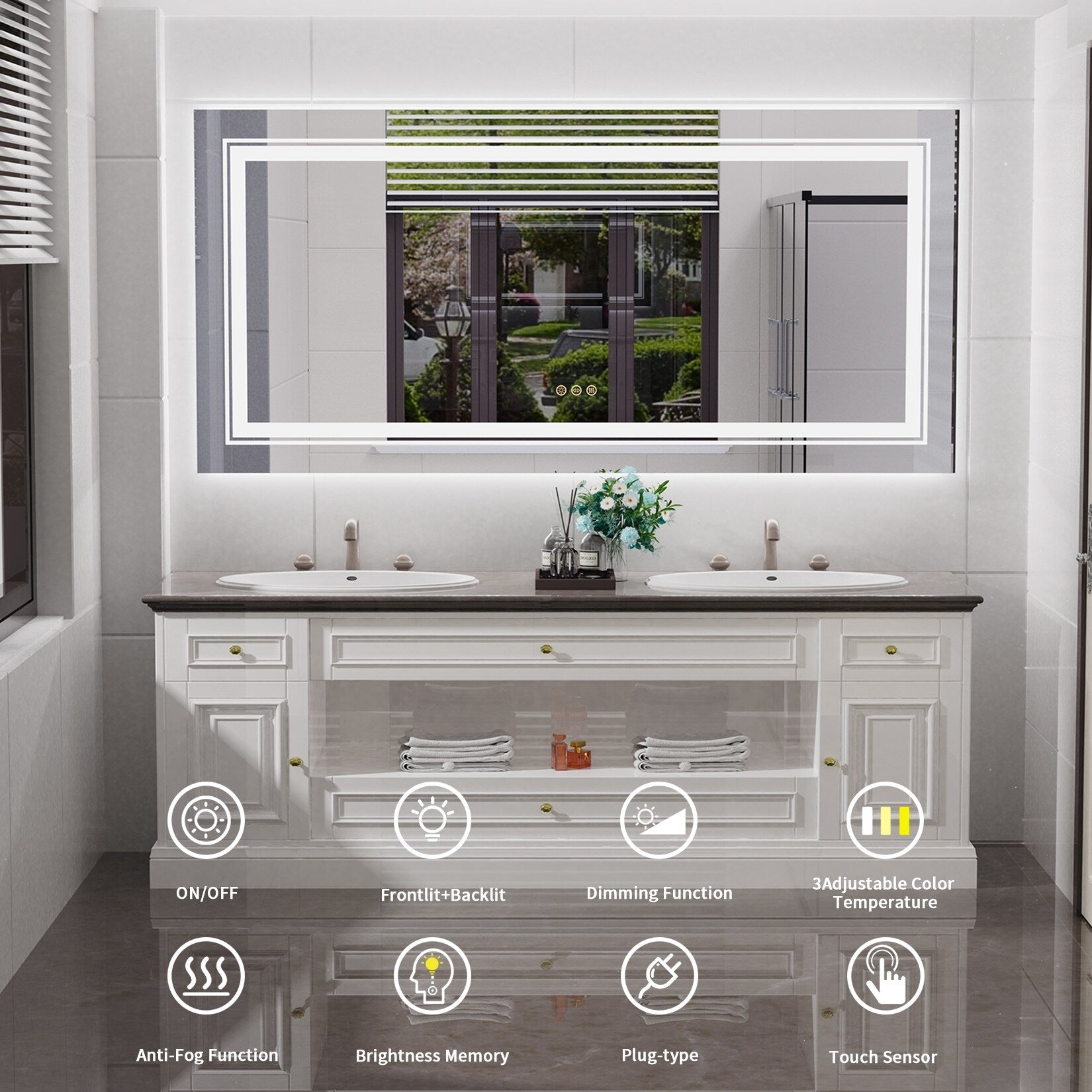 Miroir de salle de bain extra large avec éclairage LED, antibuée, 3 couleurs