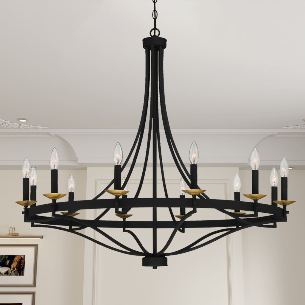 Lustre Empire à 12 lumières de style ferme moderne Fidenza avec roue de chariot et UL - D40'' * H135''