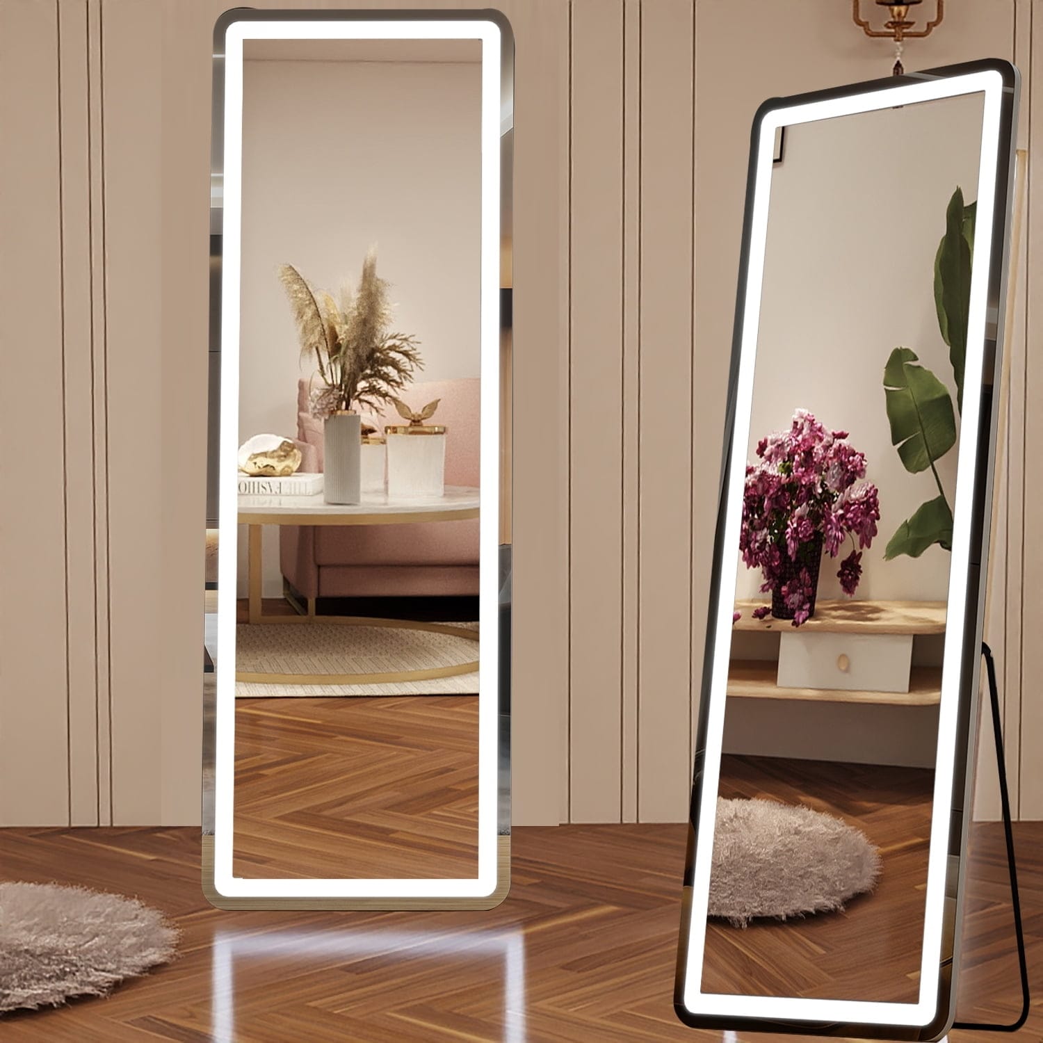 Miroir de sol avec éclairage LED, 64 x 21, miroir pleine longueur avec support, miroir suspendu, miroir mural, miroir intégral