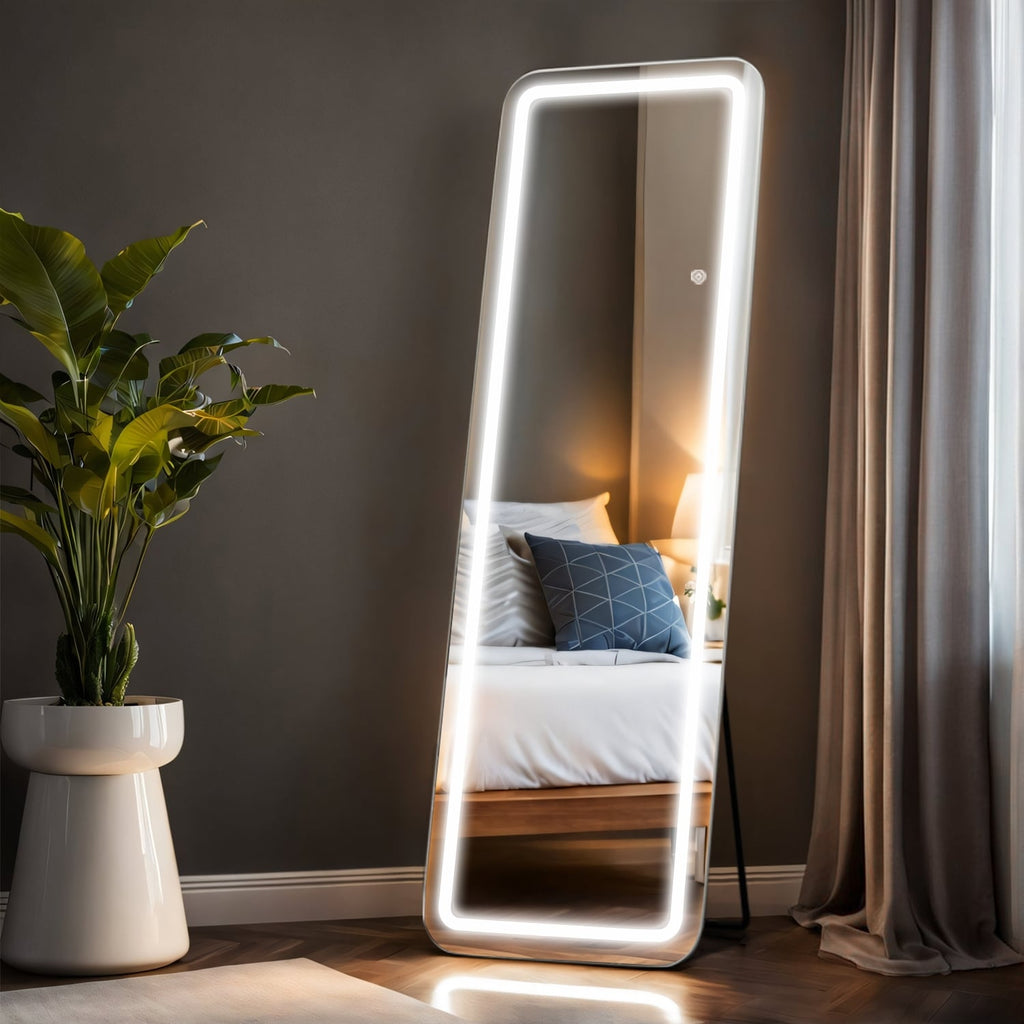 Miroir de sol avec éclairage LED, 64 x 21, miroir pleine longueur avec support, miroir suspendu, miroir mural, miroir intégral
