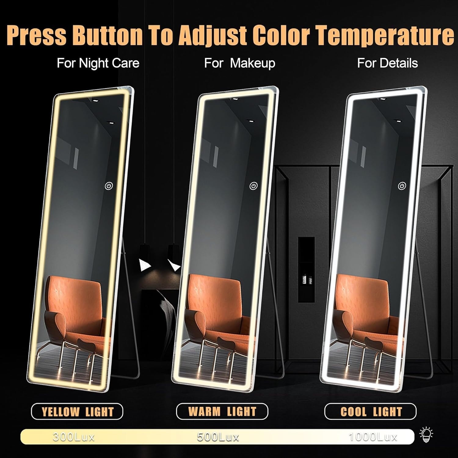 Miroir de sol avec éclairage LED, 64 x 21, miroir pleine longueur avec support, miroir suspendu, miroir mural, miroir intégral