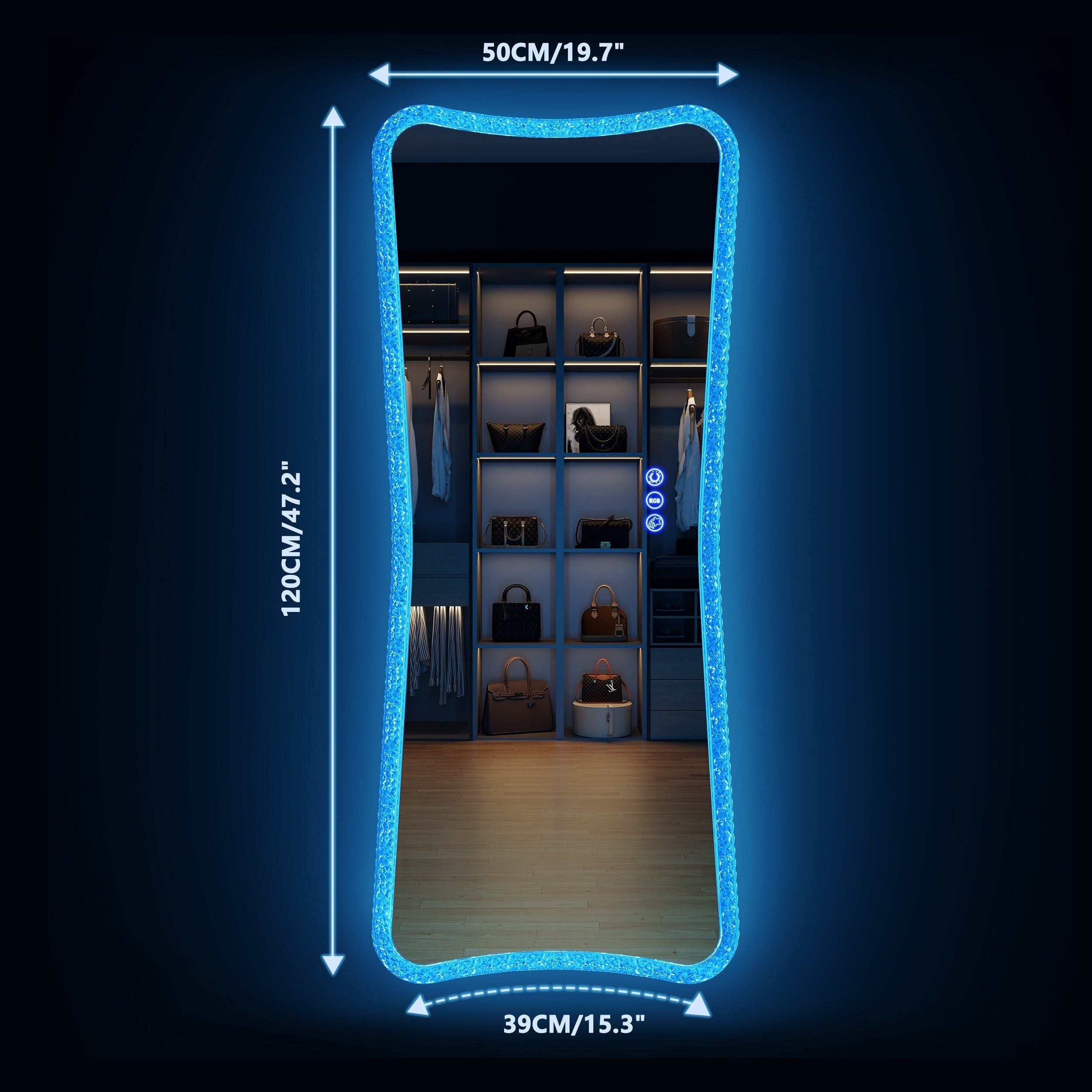 Miroir pleine longueur avec lumières RVB - Blanc