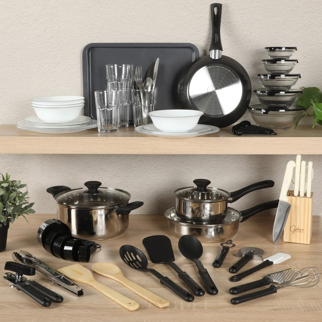 Ensemble de cuisine Gibson Home 74 pièces : ustensiles de cuisine, vaisselle, couverts, ustensiles et gadgets, rangement et verrerie