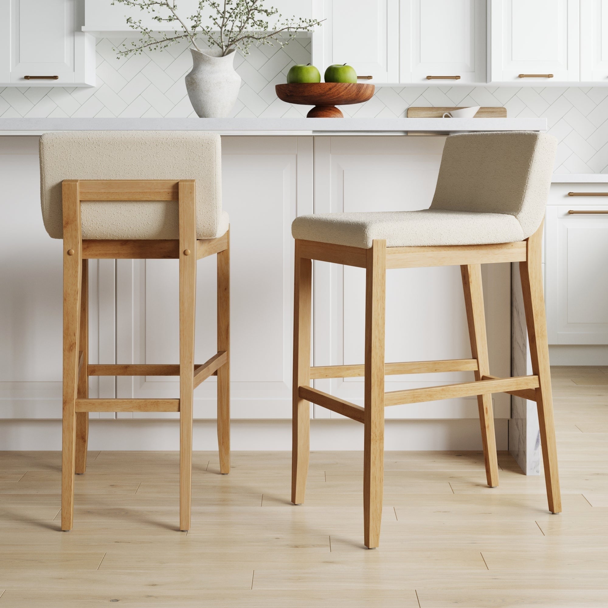 Tabouret de bar moderne Gracie, chaise rembourrée en boucle et pieds en bois brossé