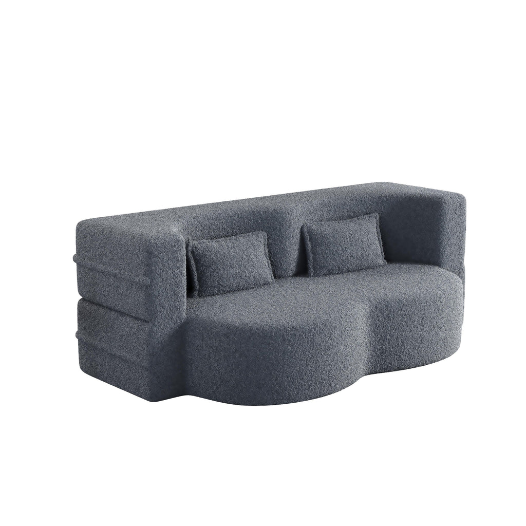 Canapé-lit convertible en tissu Teddy gris 78 pouces, garni de mousse, avec 2 oreillers et matelas pliant pour le salon