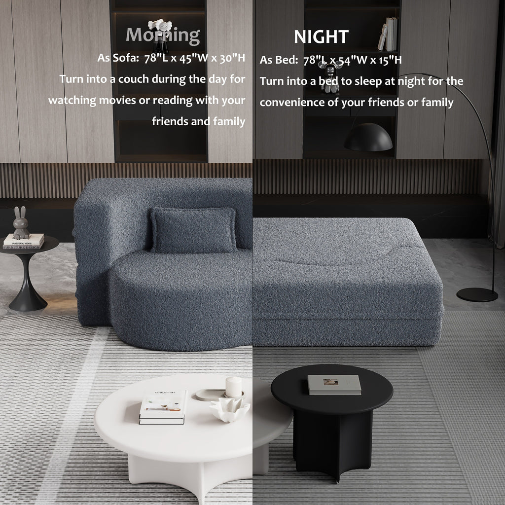 Canapé-lit convertible en tissu Teddy gris 78 pouces, garni de mousse, avec 2 oreillers et matelas pliant pour le salon