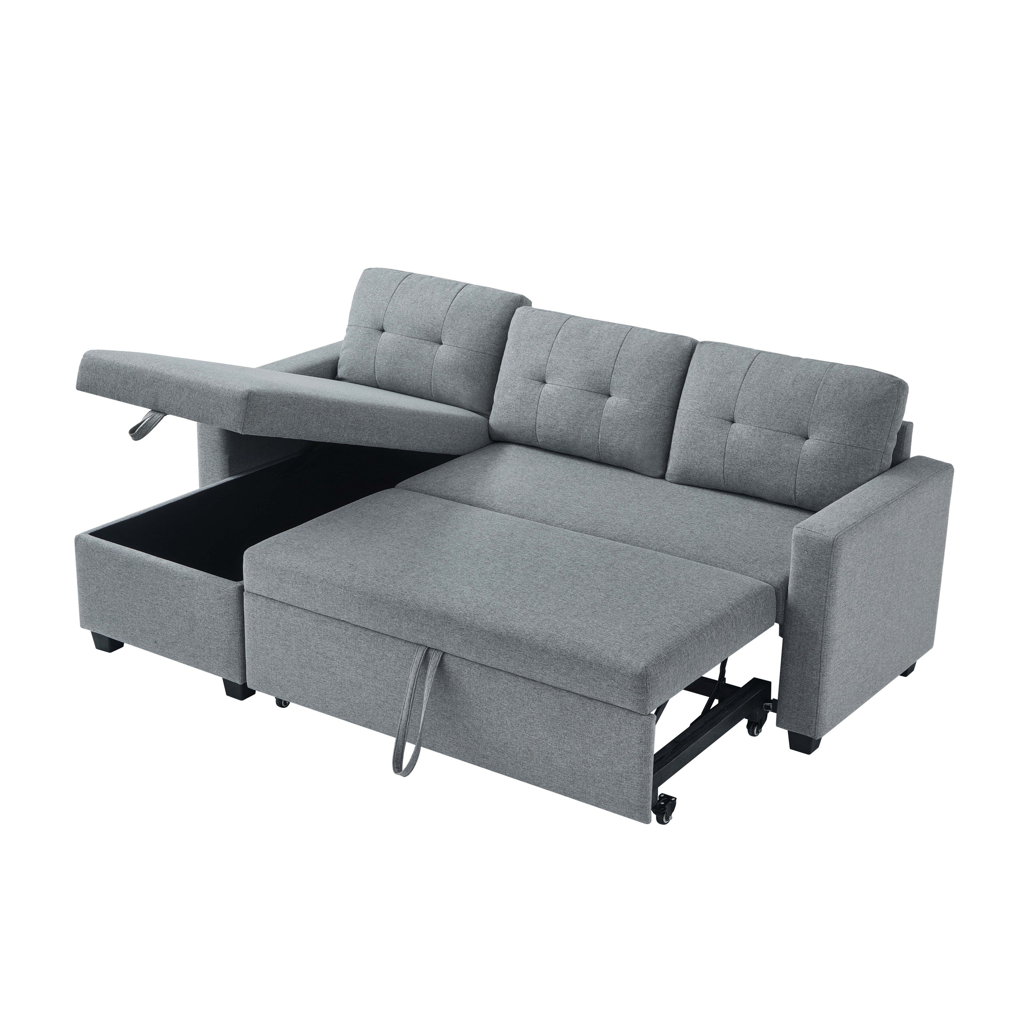 Canapé-lit convertible en lin gris de 81,5 po avec méridienne de rangement réversible
