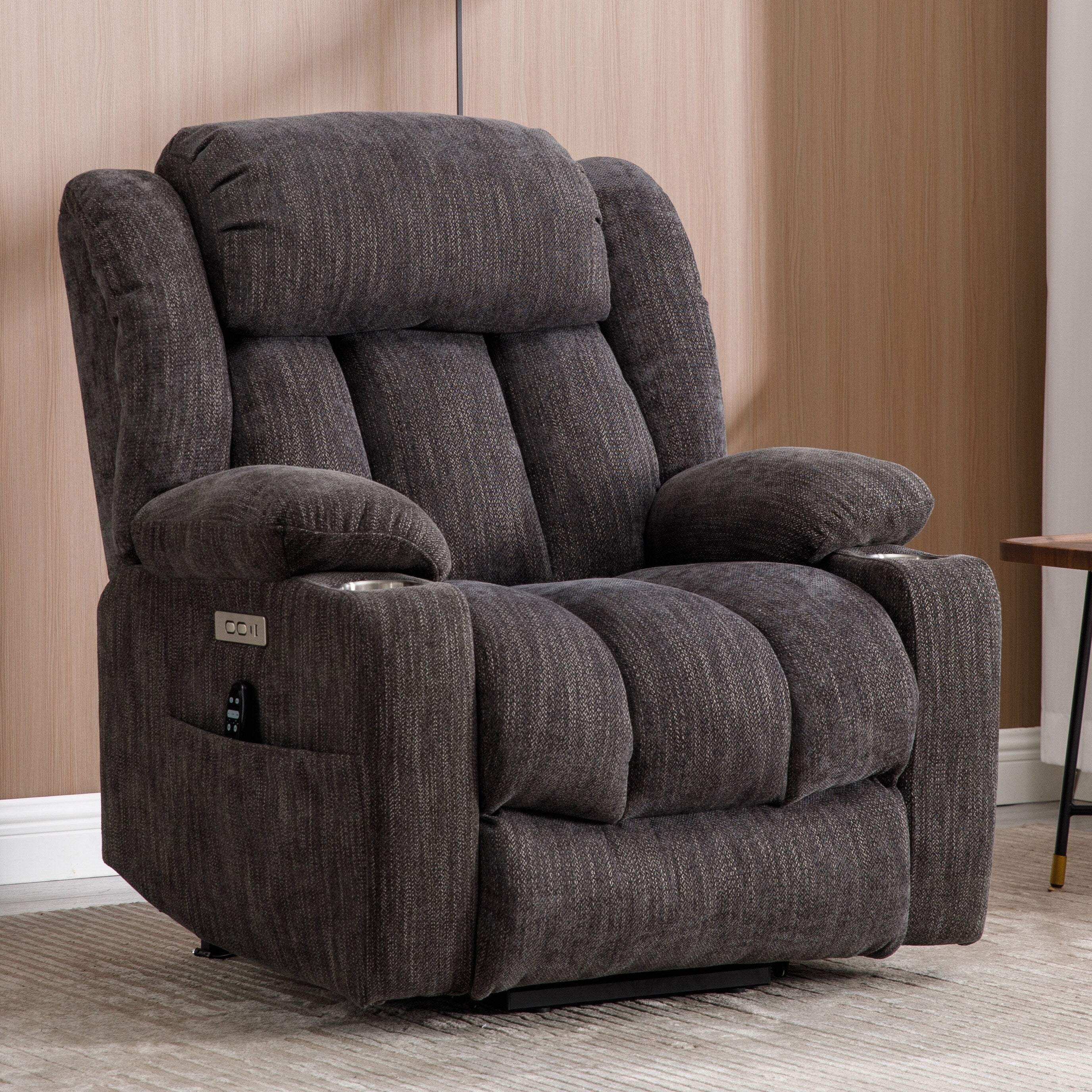 Fauteuil inclinable électrique en chenille grise avec massage, chauffage lombaire, ports USB et Type-C et porte-gobelets en acier inoxydable