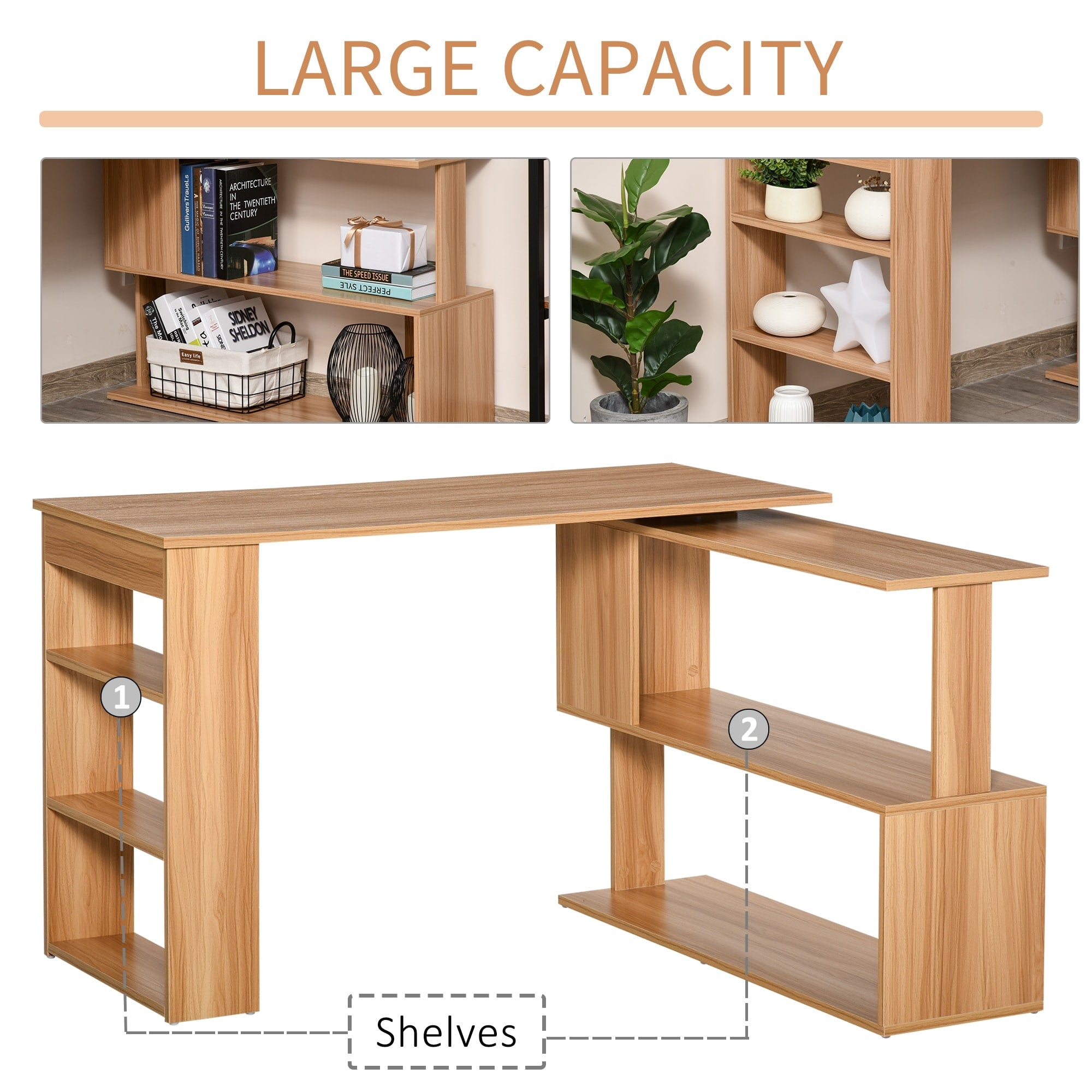 Bureau d'ordinateur rotatif moderne en L HomCom avec étagères