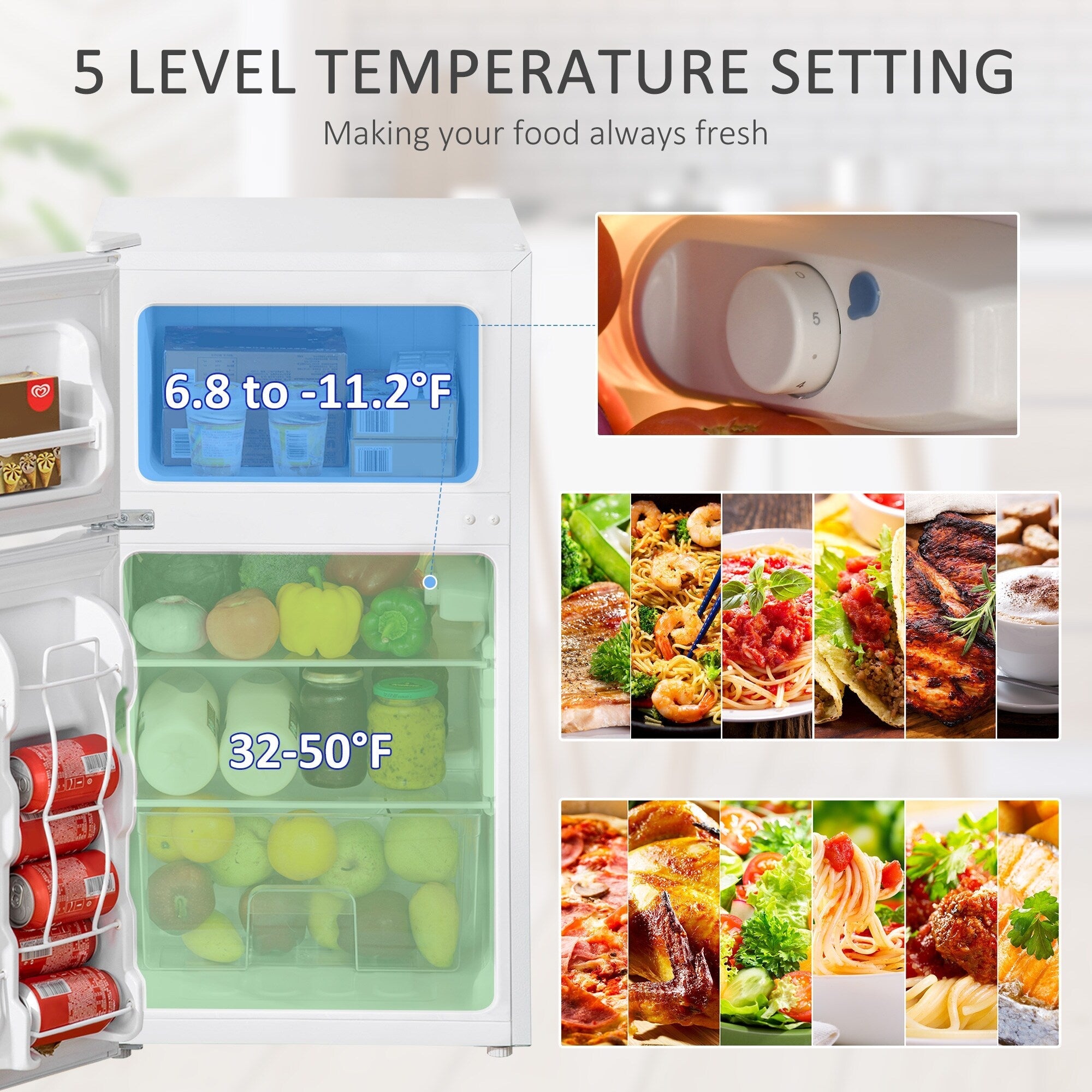 Mini-réfrigérateur HOMCOM à deux portes avec congélateur, réfrigérateur compact de 3,2 pi³ avec étagère réglable, thermostat réglable