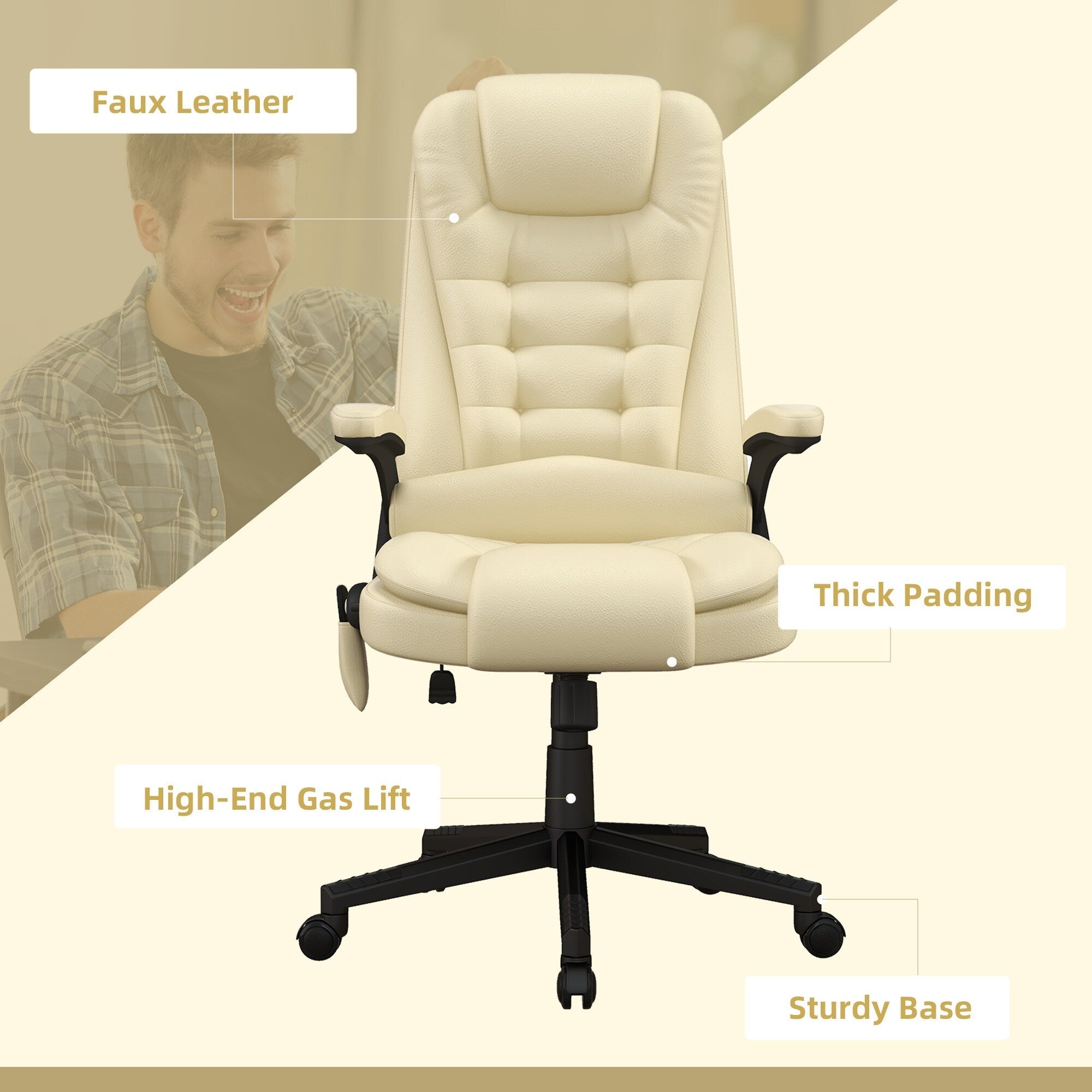 Fauteuil de bureau massant et vibrant HOMCOM à dossier haut avec 6 points de vibration, beige