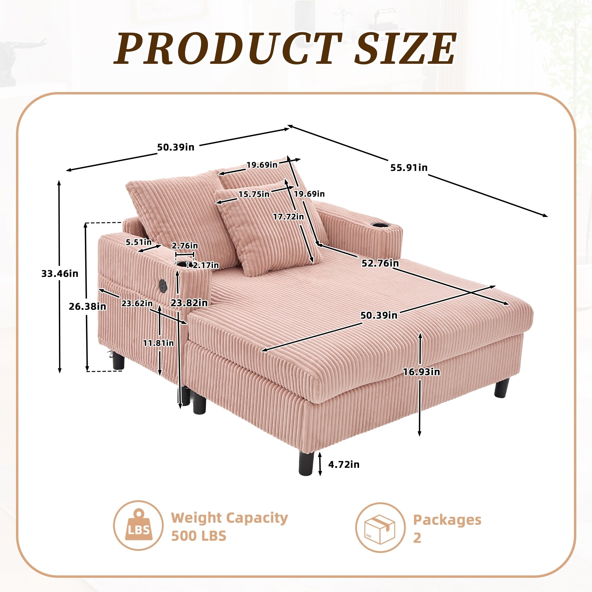 Canapé-lit inclinable surdimensionné HOMEFUN en velours côtelé avec éclairage LED RVB, porte-gobelet, port USB et 3 oreillers