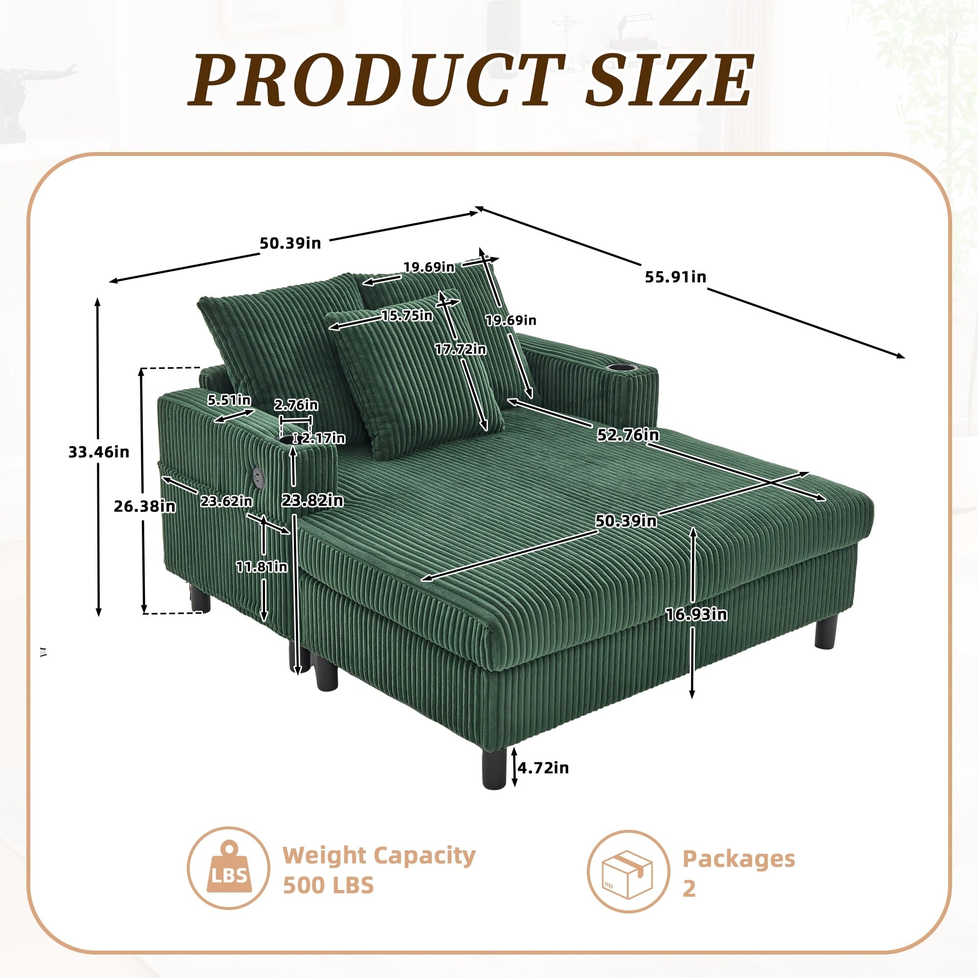 Canapé-lit inclinable surdimensionné HOMEFUN en velours côtelé avec éclairage LED RVB, porte-gobelet, port USB et 3 oreillers