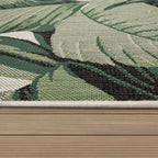 Tapis d'intérieur et d'extérieur à motif de feuilles de palmier tropicales pour terrasse, coloris vert et beige