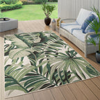Tapis d'intérieur et d'extérieur à motif de feuilles de palmier tropicales pour terrasse, coloris vert et beige