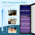 Réfrigérateur à vin autonome Lanbo 20 pouces, 64 bouteilles, double zone, porte vitrée avec garniture en acier inoxydable et deux serrures de sécurité.