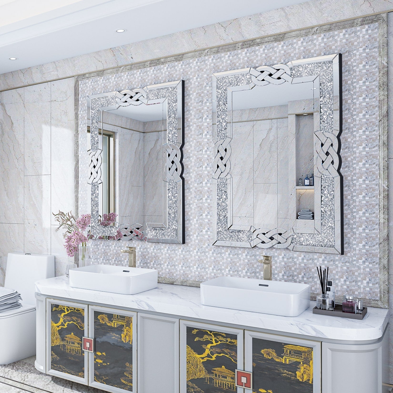 Grand miroir mural emboîtable avec perles de cristal rectangulaires