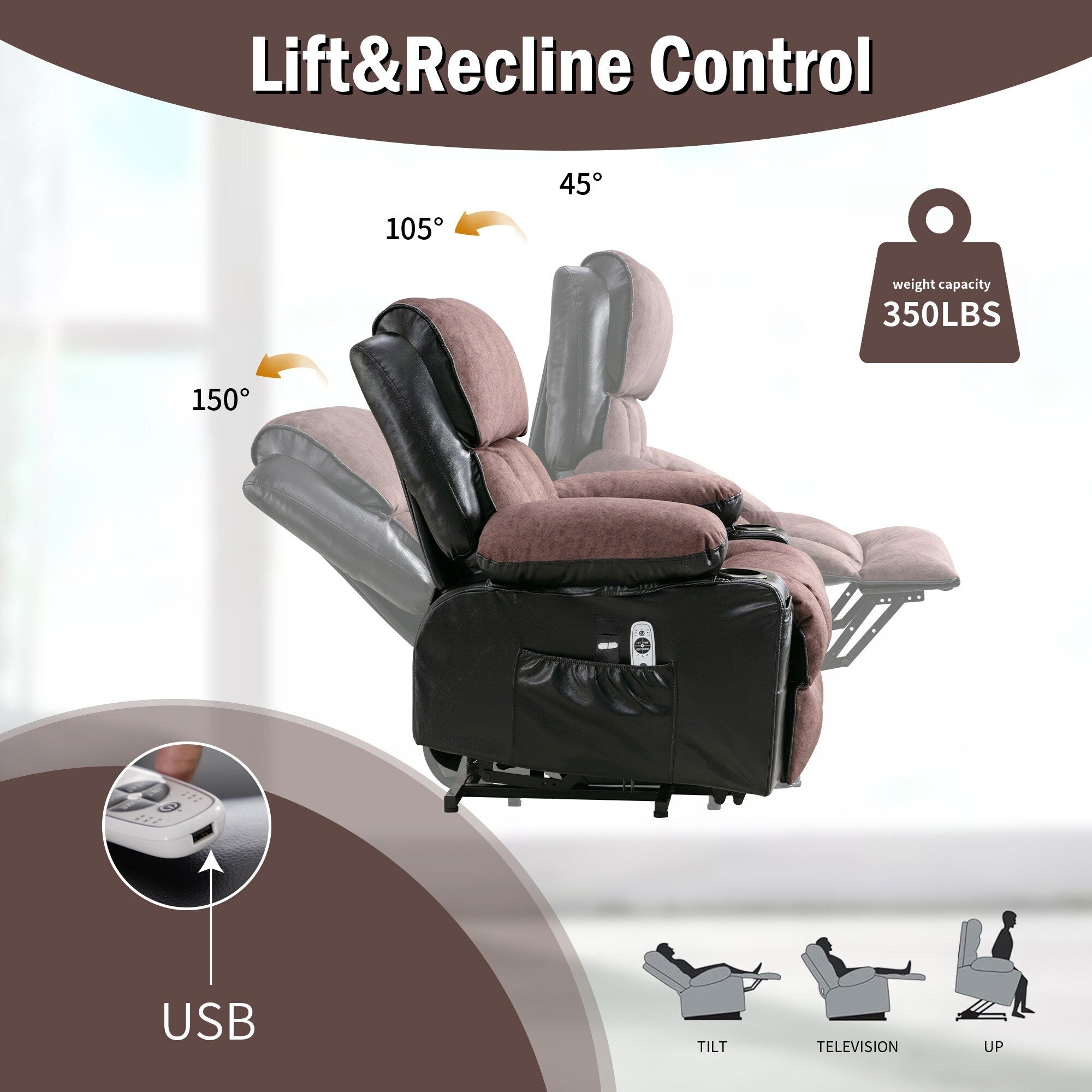 Grand fauteuil inclinable électrique avec chauffage et massage 8 points - Télécommande, port USB