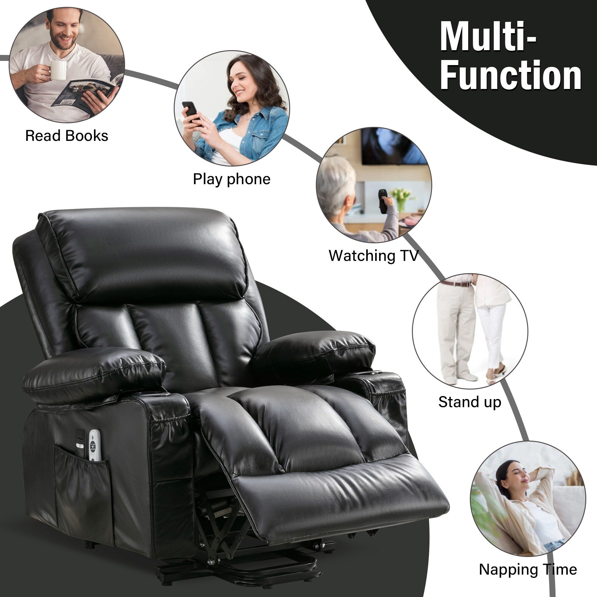 Grand fauteuil inclinable électrique avec chauffage et massage 8 points - Télécommande, port USB