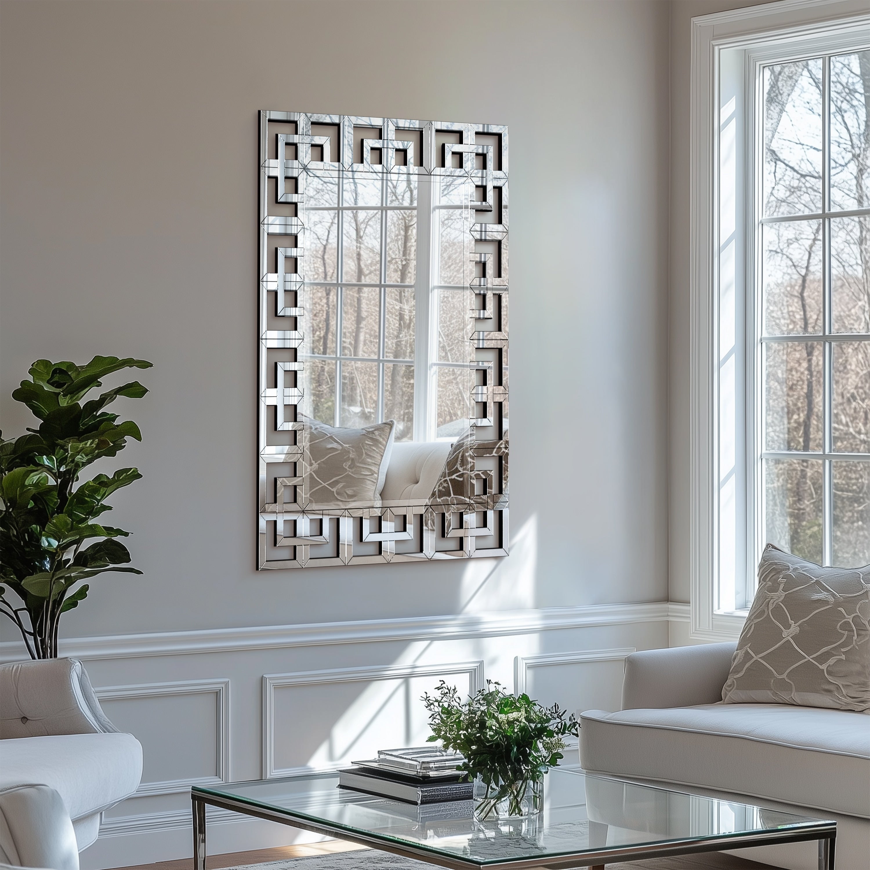 Grand miroir mural décoratif avec cadre géométrique aux accents argentés