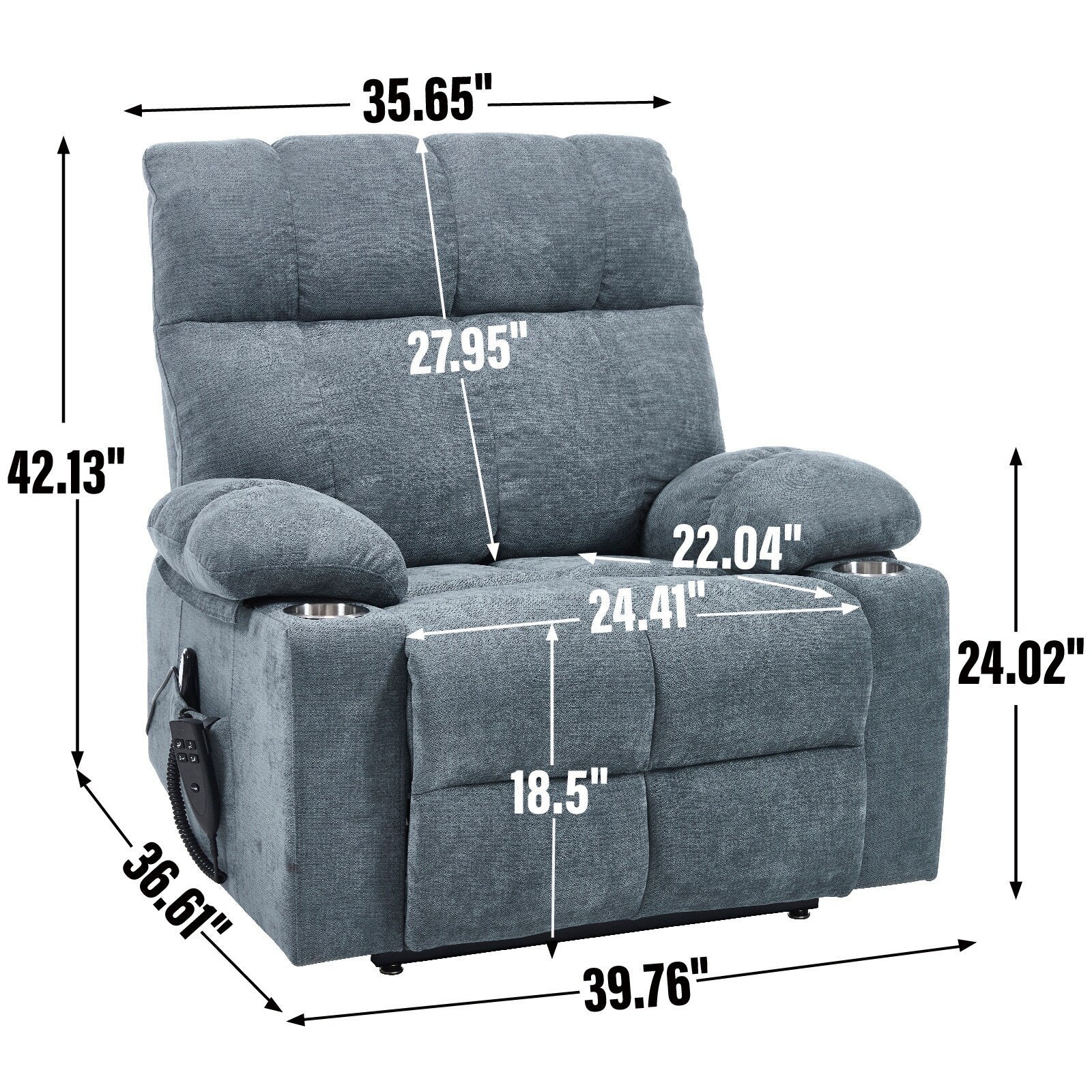Fauteuil inclinable électrique Lazy Boy à double moteur en chenille avec massage et chauffage lombaire, deux porte-gobelets, gris-bleu
