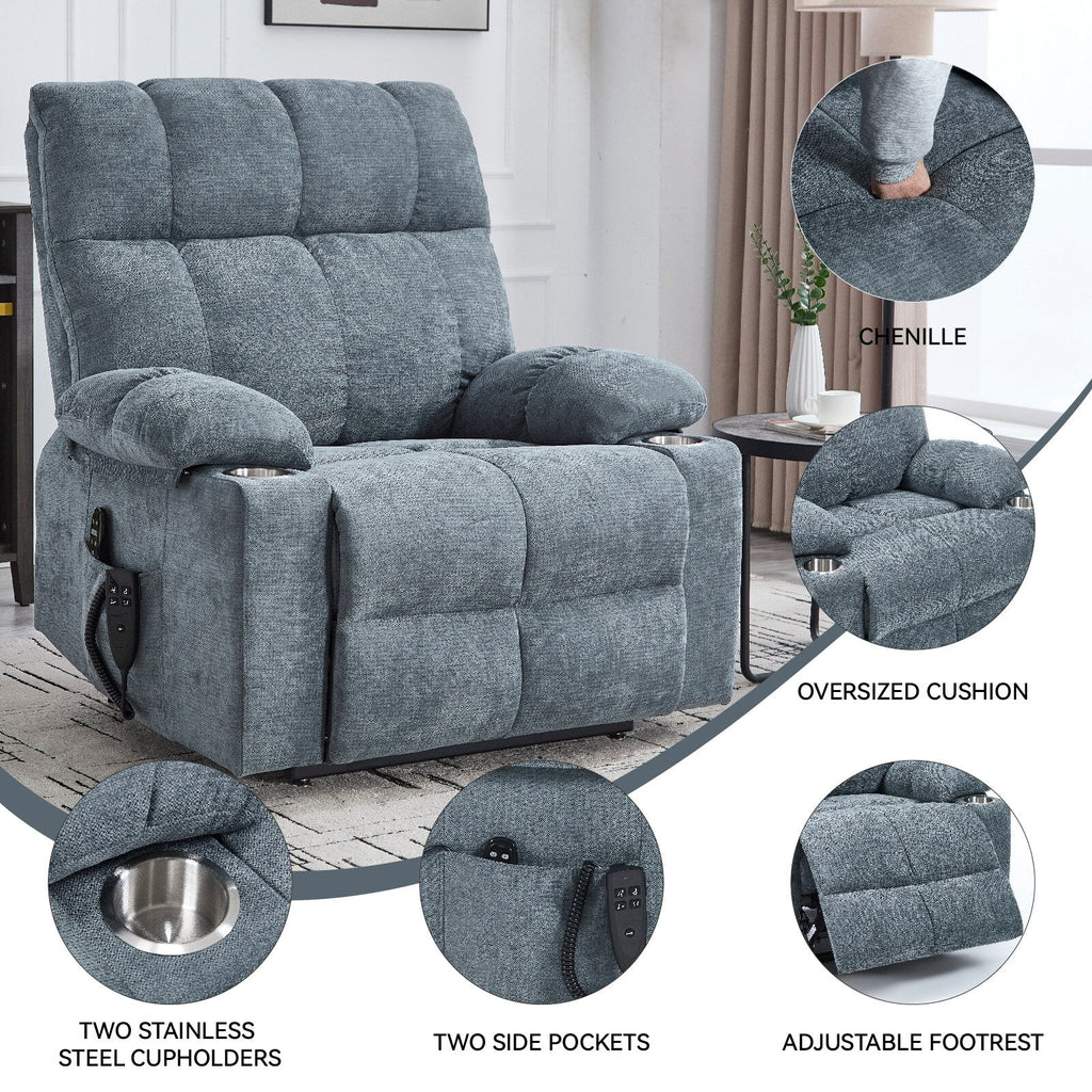 Fauteuil inclinable électrique Lazy Boy à double moteur en chenille avec massage et chauffage lombaire, deux porte-gobelets, gris-bleu