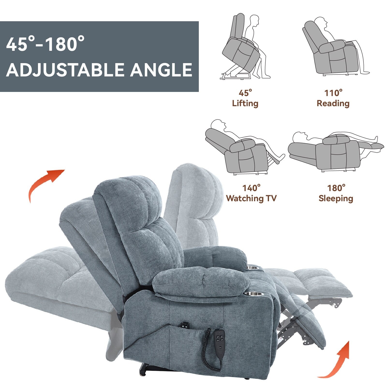 Fauteuil inclinable électrique Lazy Boy à double moteur en chenille avec massage et chauffage lombaire, deux porte-gobelets, gris-bleu
