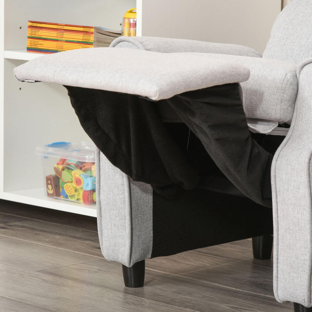 Fauteuil inclinable manuel rembourré gris clair pour enfants de 3 à 5 ans avec repose-pieds et 2 poches latérales