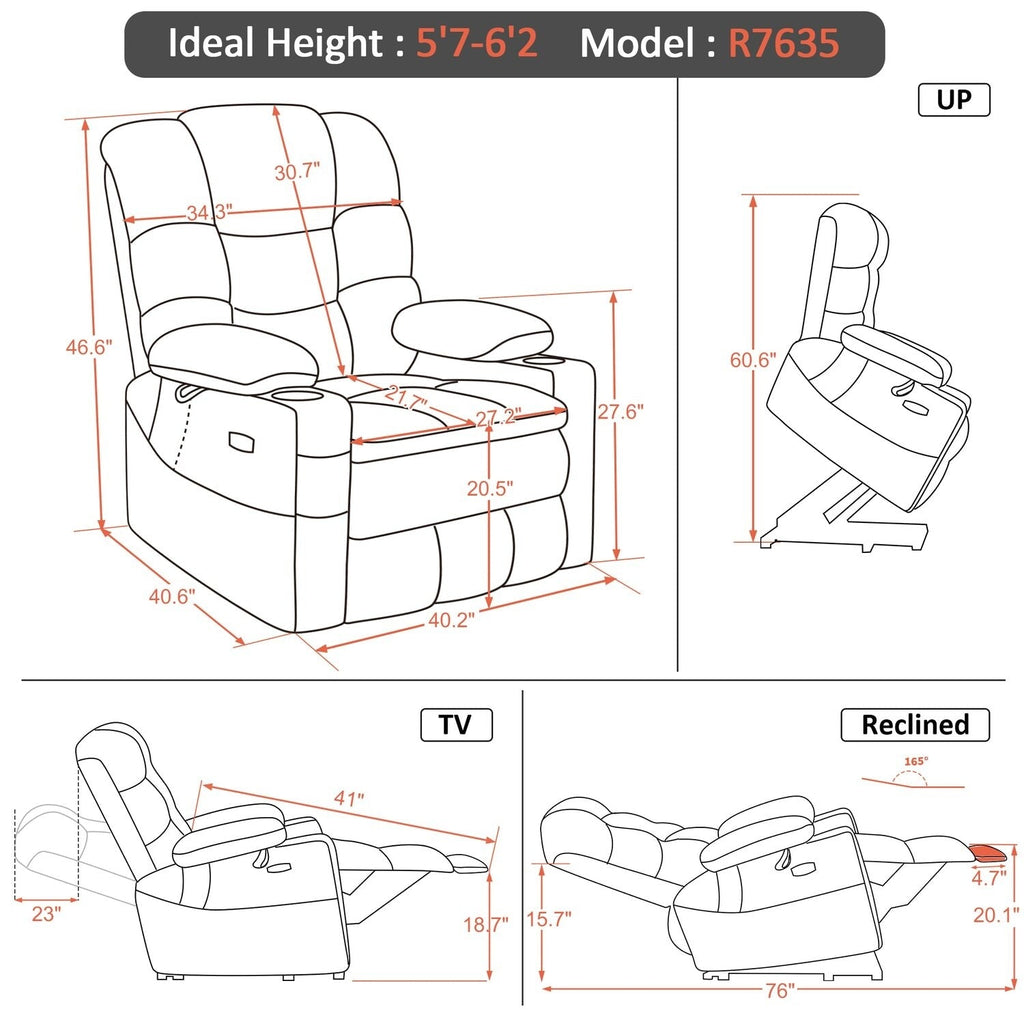 Fauteuil inclinable électrique à double moteur MCombo, grand format, avec massage et double chauffage, pour personnes âgées de grande taille, tissu R7635