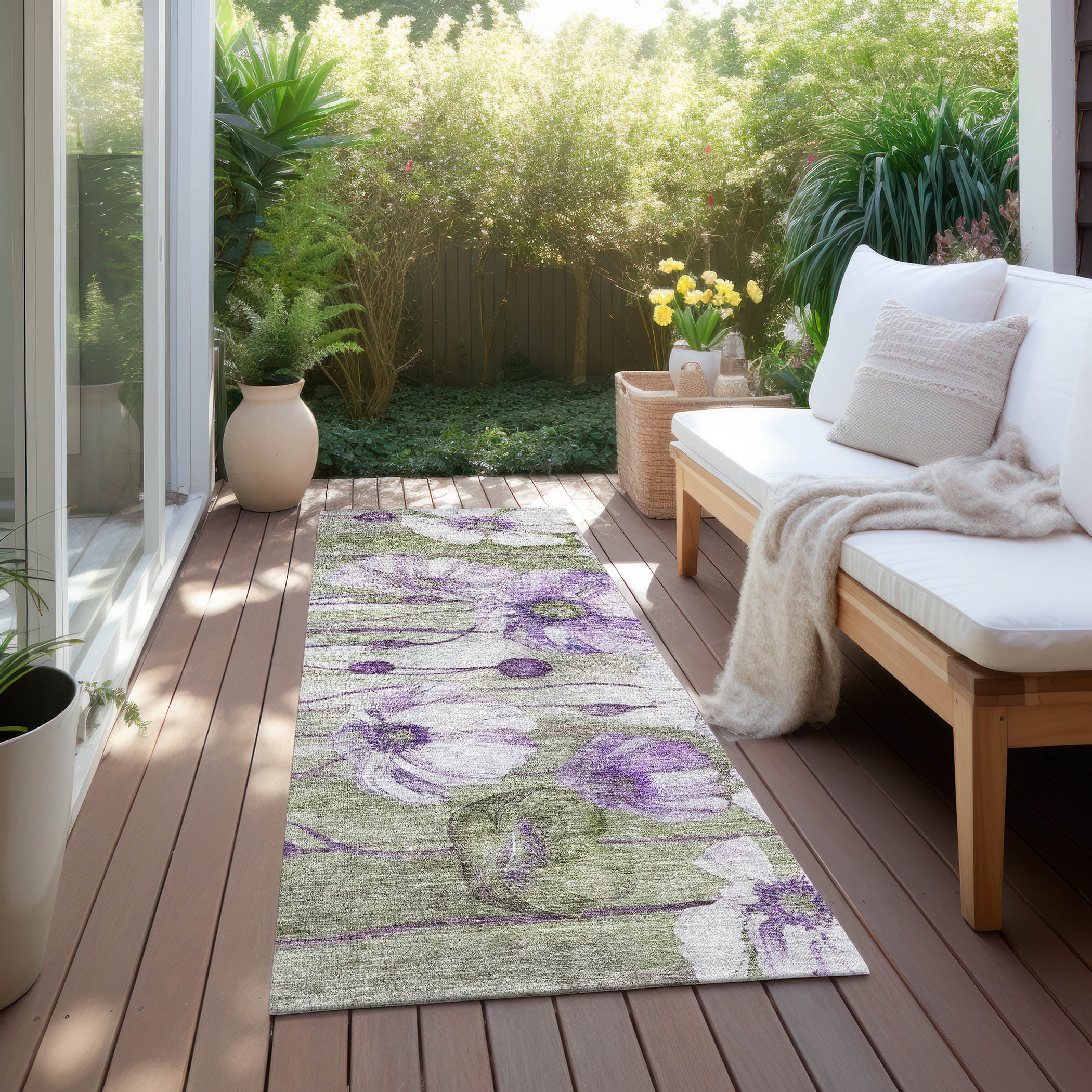 Tapis Chantille moderne à motif floral, lavable en machine, pour intérieur/extérieur