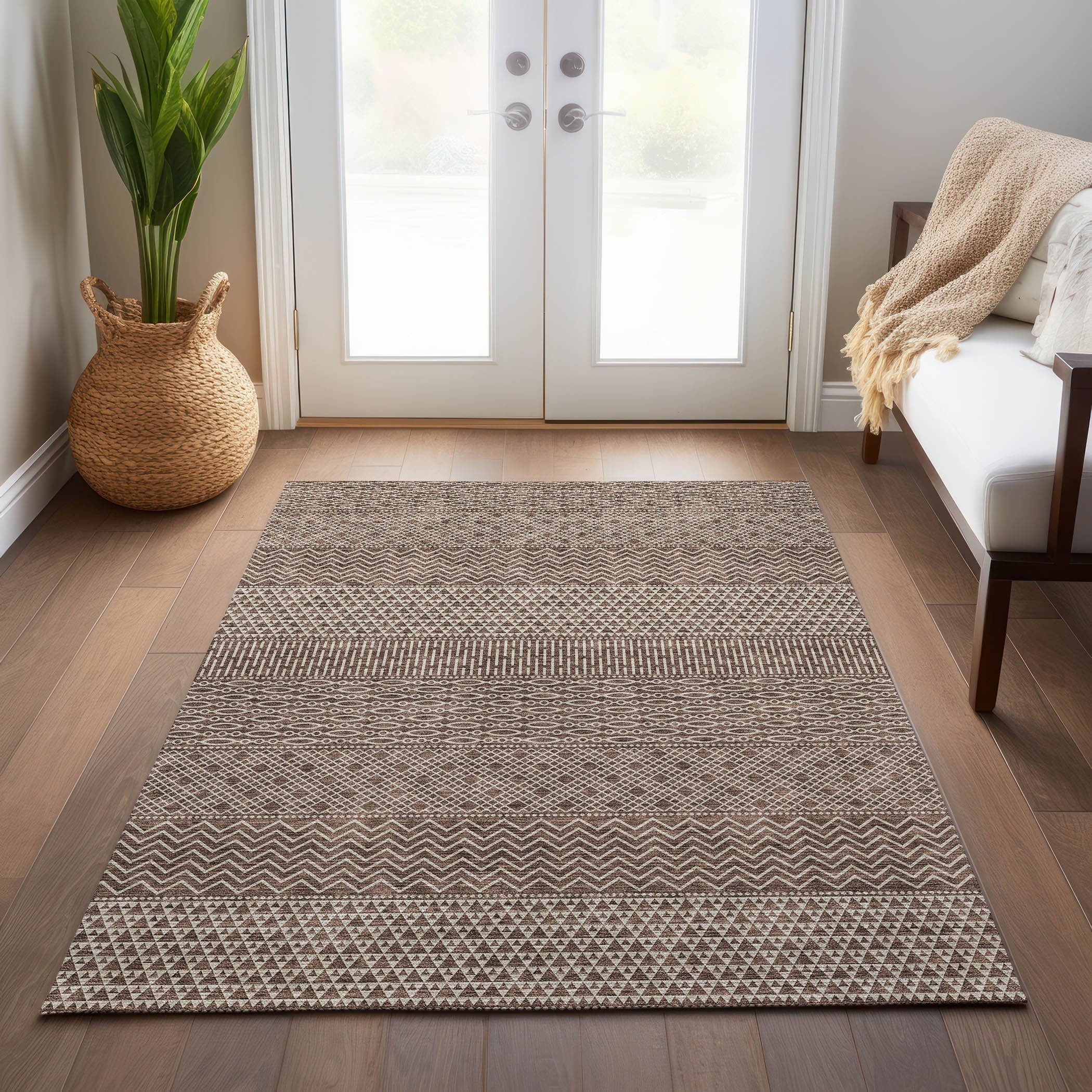 Tapis Chantille à rayures modernes, lavable en machine, pour intérieur et extérieur