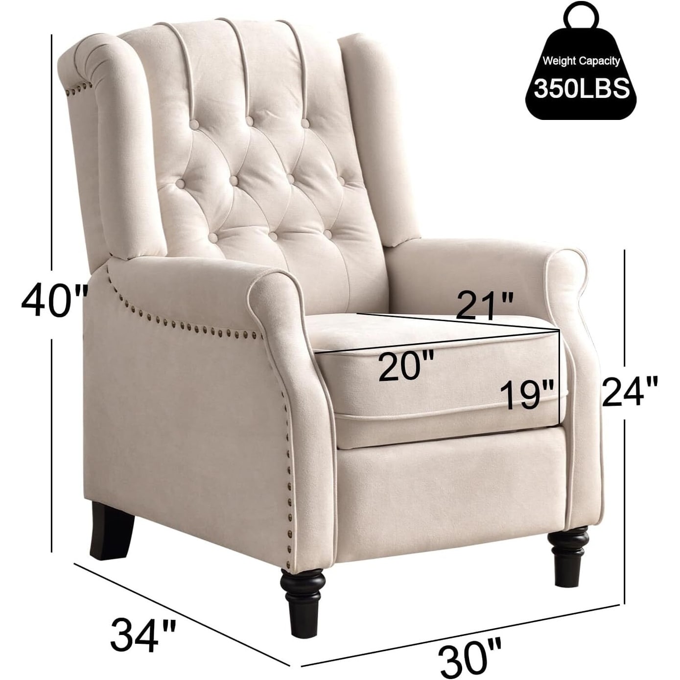 Fauteuil inclinable à dossier relevable, fauteuil en tissu avec décoration rivetée, fauteuil d'appoint simple