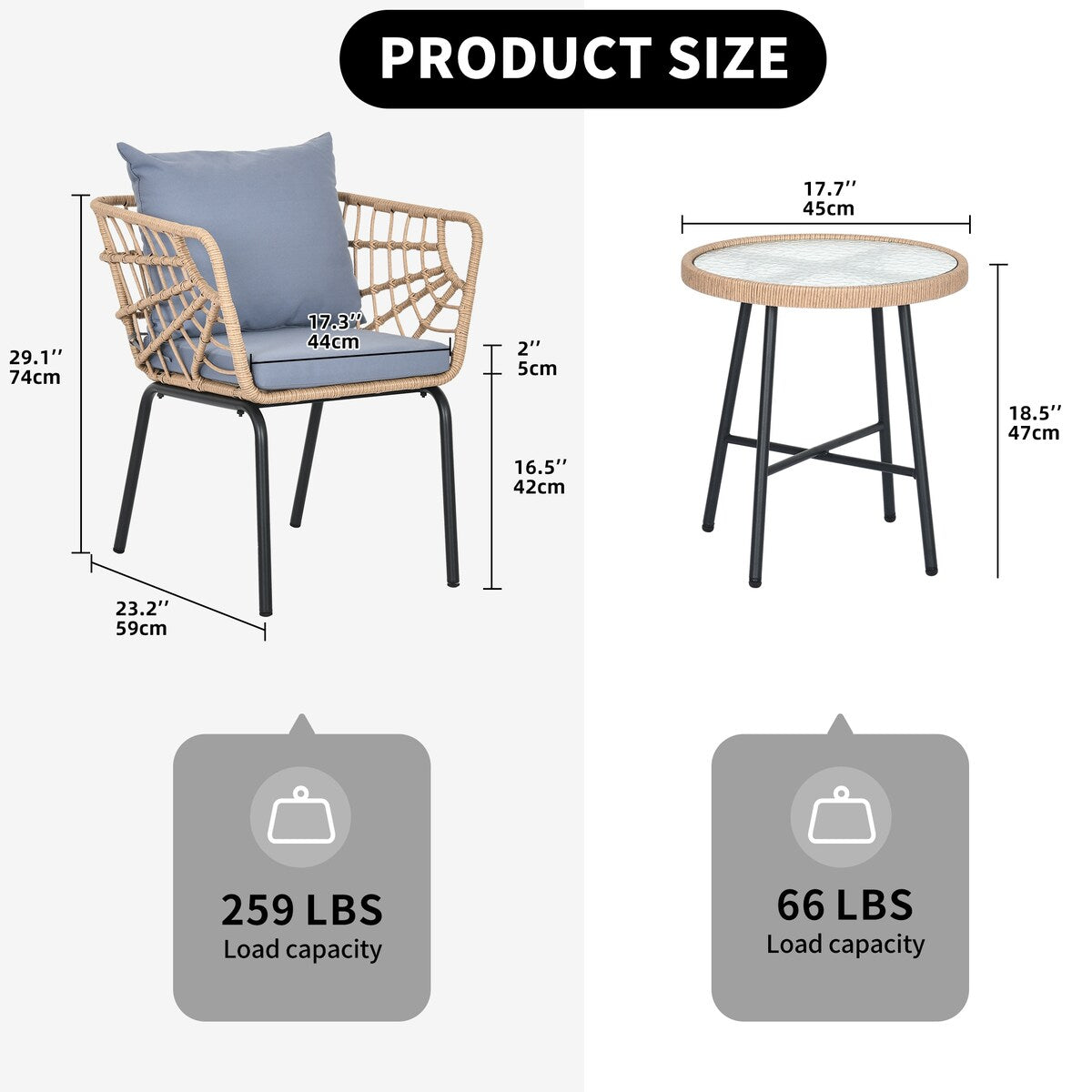 Ensemble de bistrot d'extérieur en osier Moasis 3 pièces avec 2 chaises et table basse