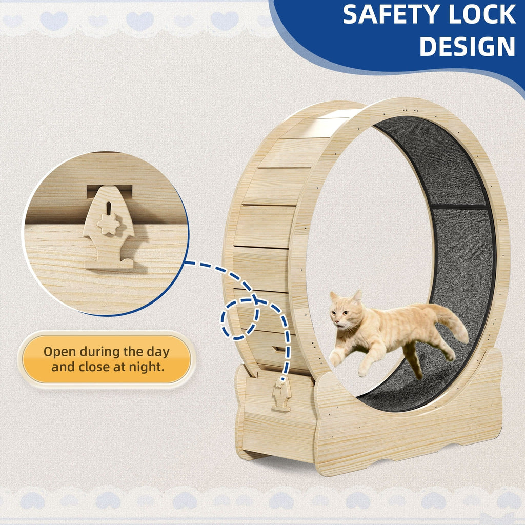 Moasis 43,3 pouces Grand tapis de course en bois pour chat avec roue d'exercice et piste recouverte de moquette