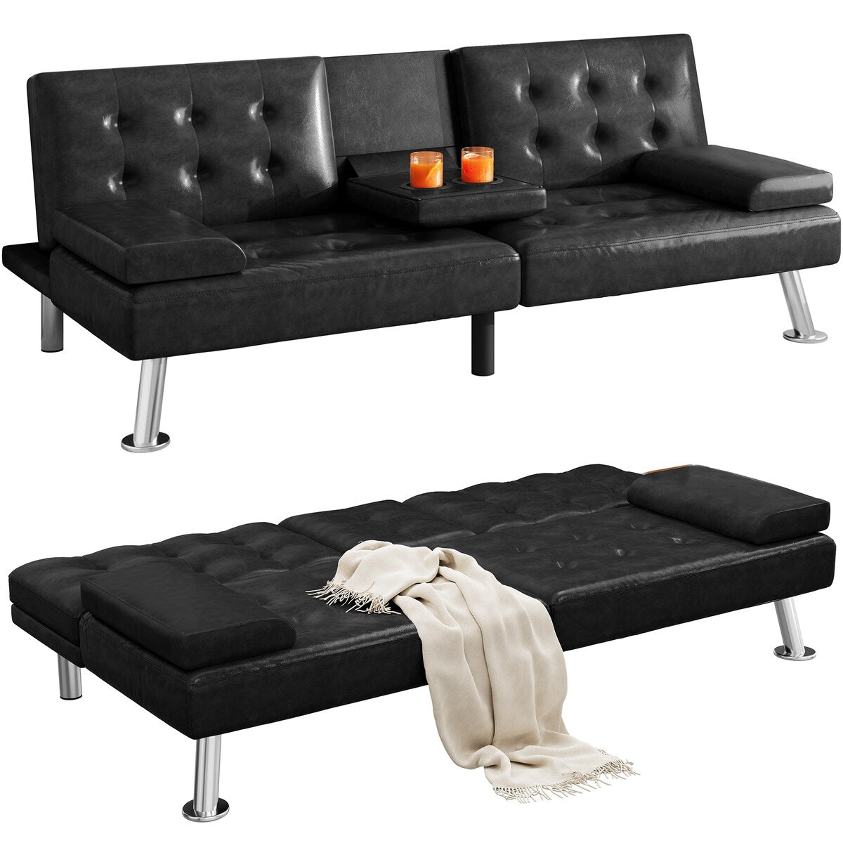 Canapé-lit futon pliable en similicuir Moasis - 64 L x 30 l x 26 H