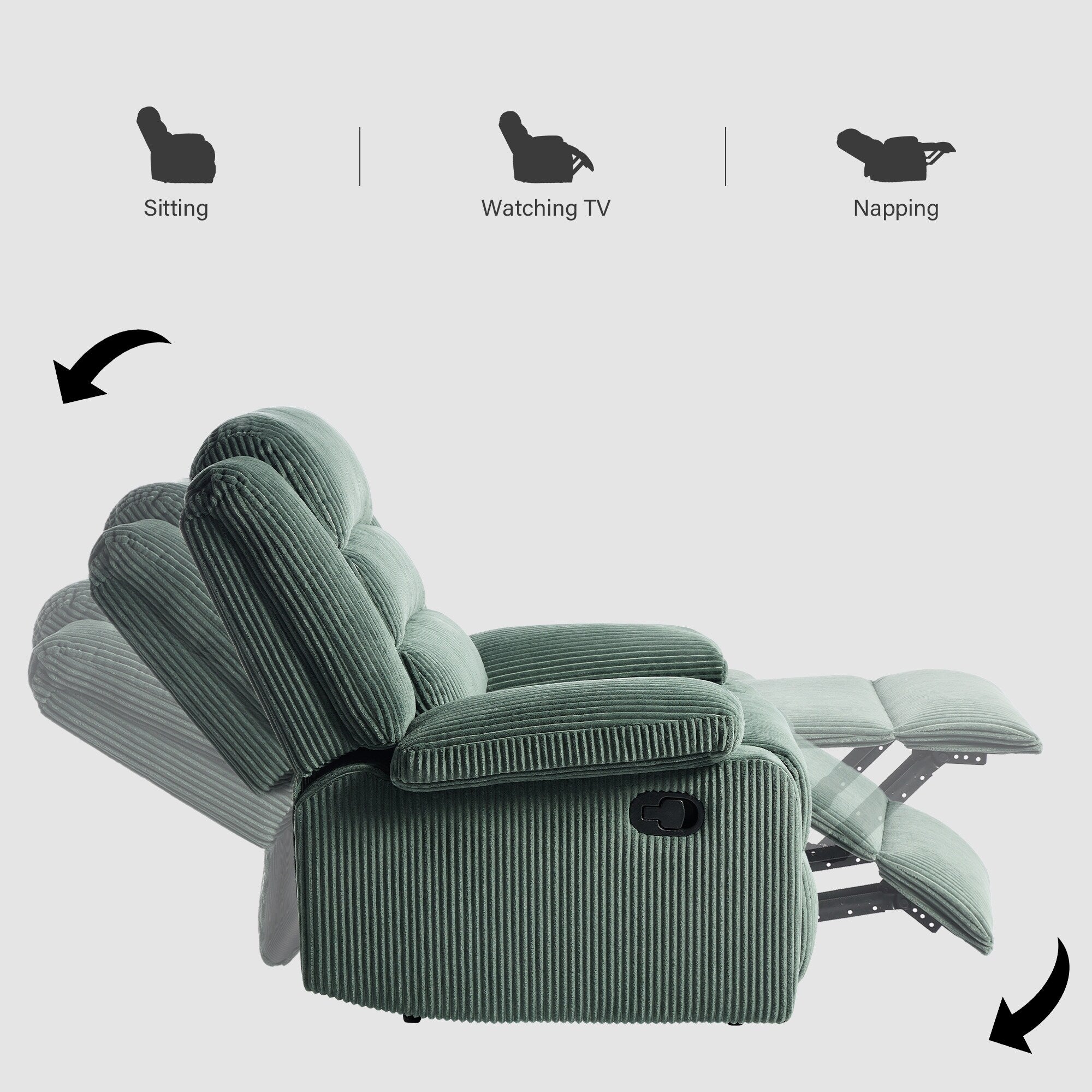 Fauteuil inclinable manuel moderne en velours côtelé, fauteuil inclinable réglable avec accoudoirs larges