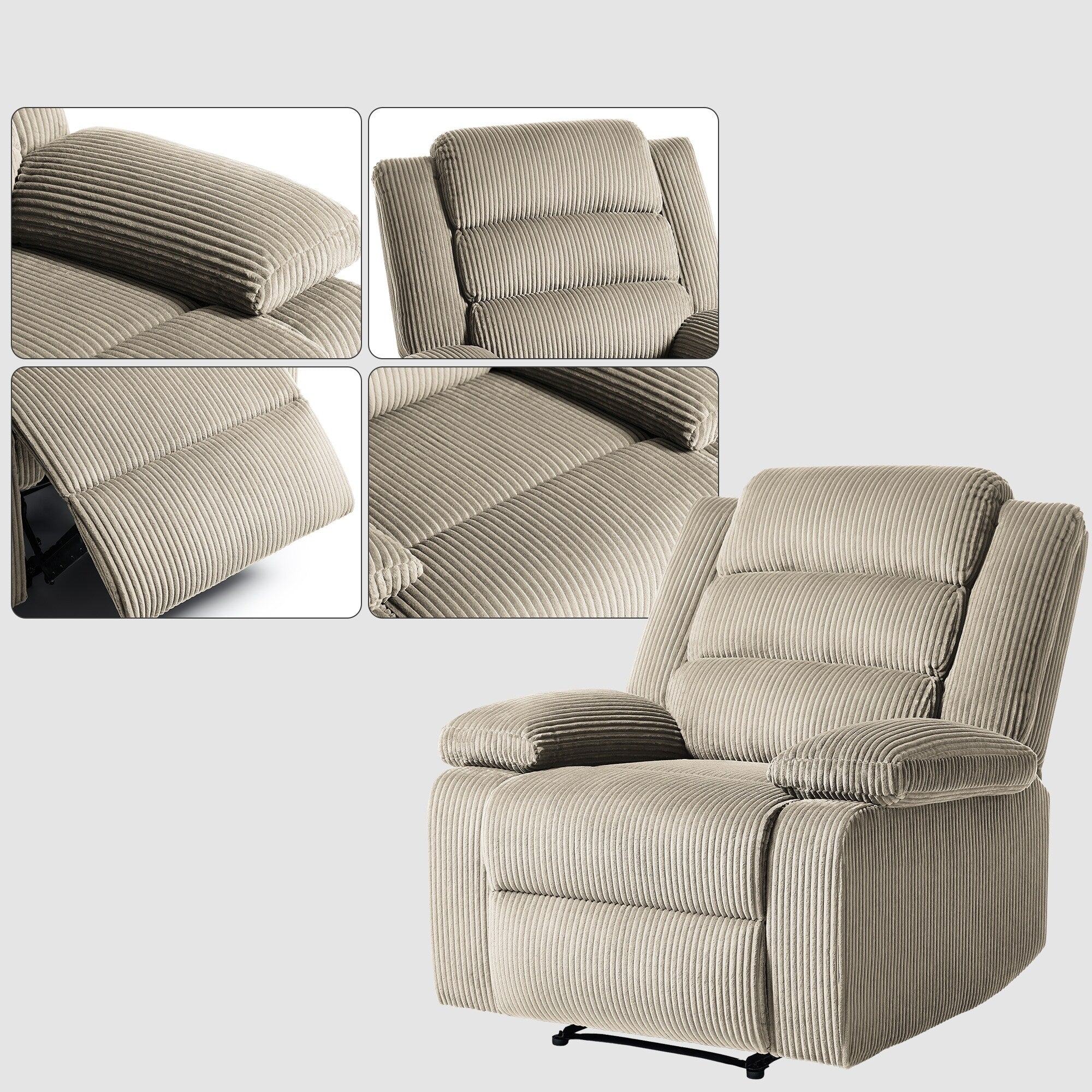 Fauteuil inclinable manuel moderne en velours côtelé, fauteuil inclinable réglable avec accoudoirs larges