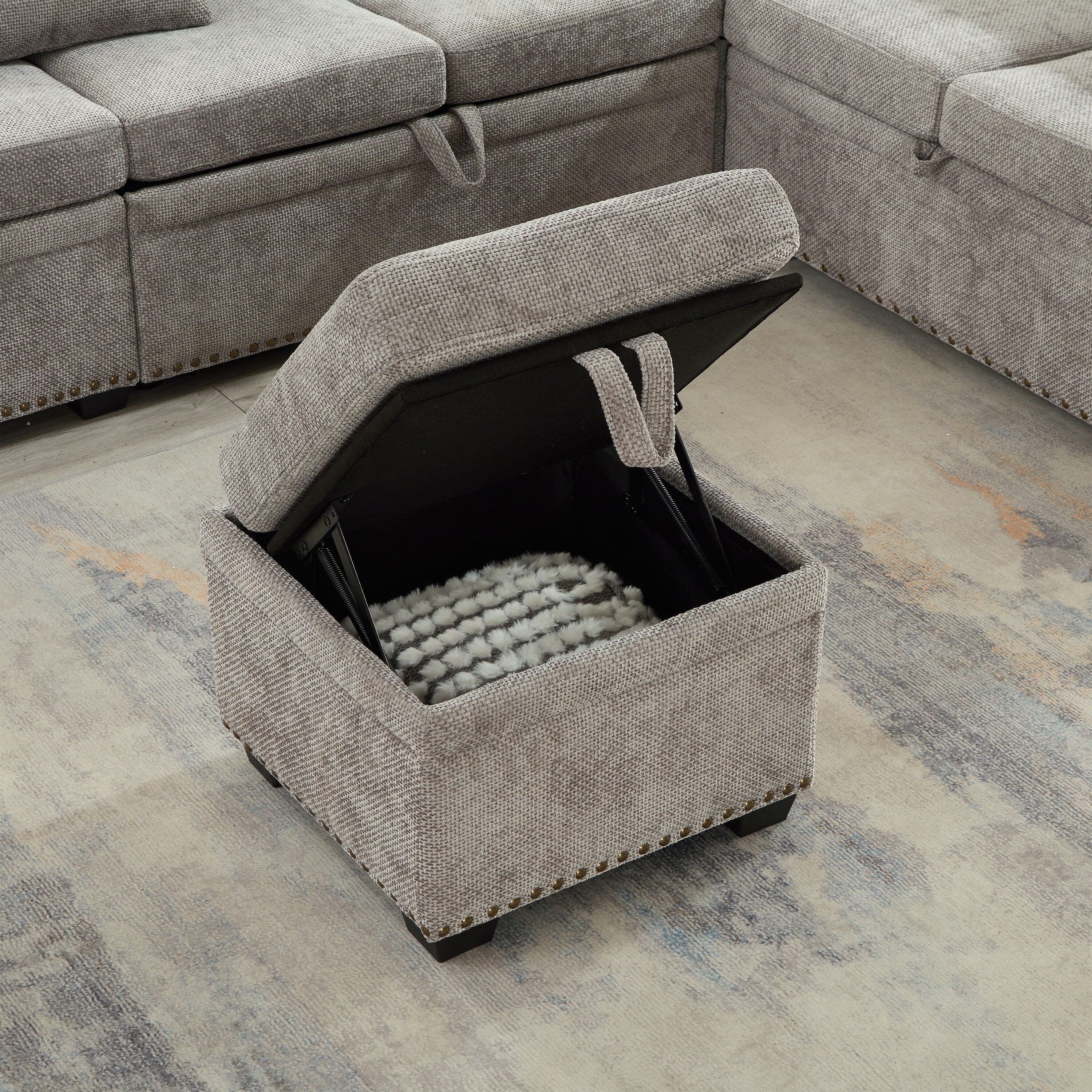 Canapé sectionnel moderne en chenille en forme de L avec canapé-lit gigogne, sièges de rangement, pouf et 2 oreillers pour le salon