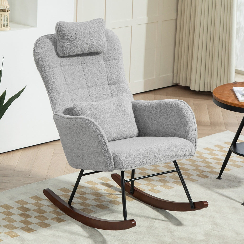 Fauteuil à bascule rembourré moderne pour chambre d'enfant avec dossier haut, appui-tête et coussin lombaire pour salon ou chambre