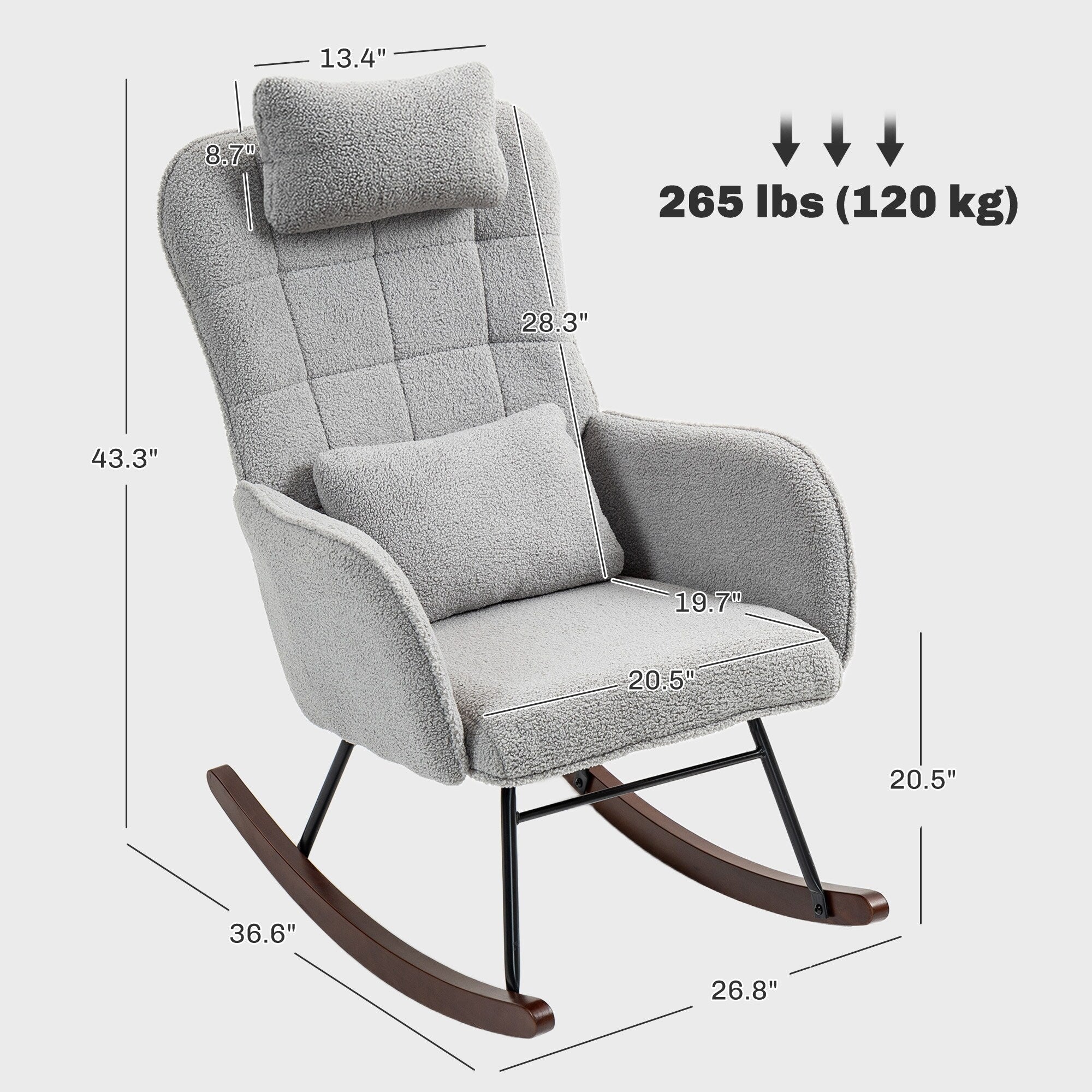 Fauteuil à bascule rembourré moderne pour chambre d'enfant avec dossier haut, appui-tête et coussin lombaire pour salon ou chambre