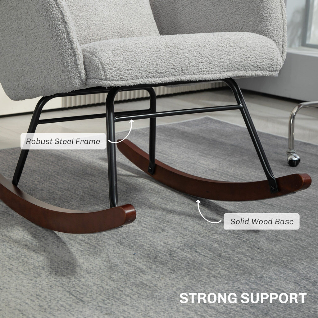 Fauteuil à bascule rembourré moderne pour chambre d'enfant avec dossier haut, appui-tête et coussin lombaire pour salon ou chambre