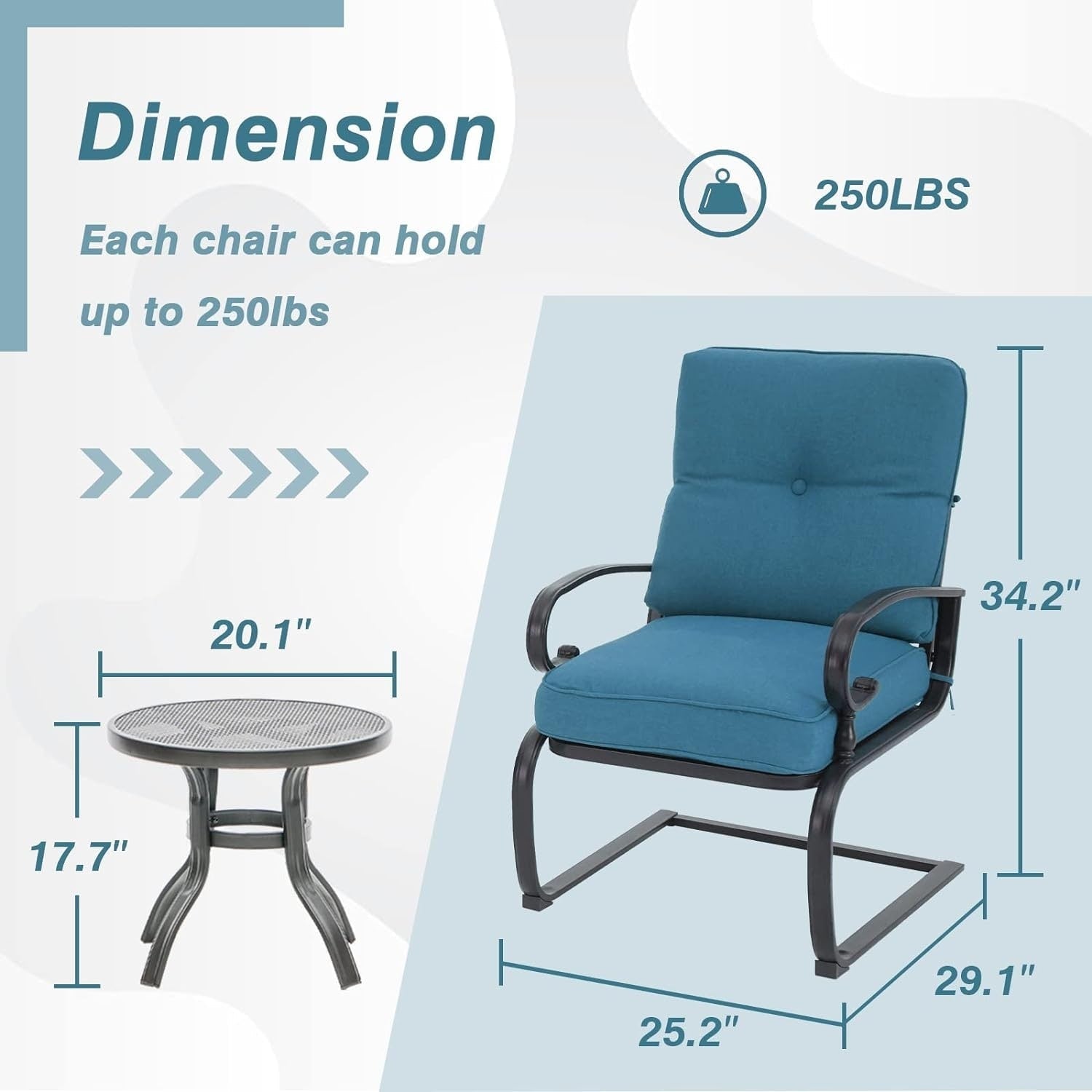 Ensemble bistrot d'extérieur 3 pièces Nista avec coussins et table basse, à ressorts en C, par Havenside Home