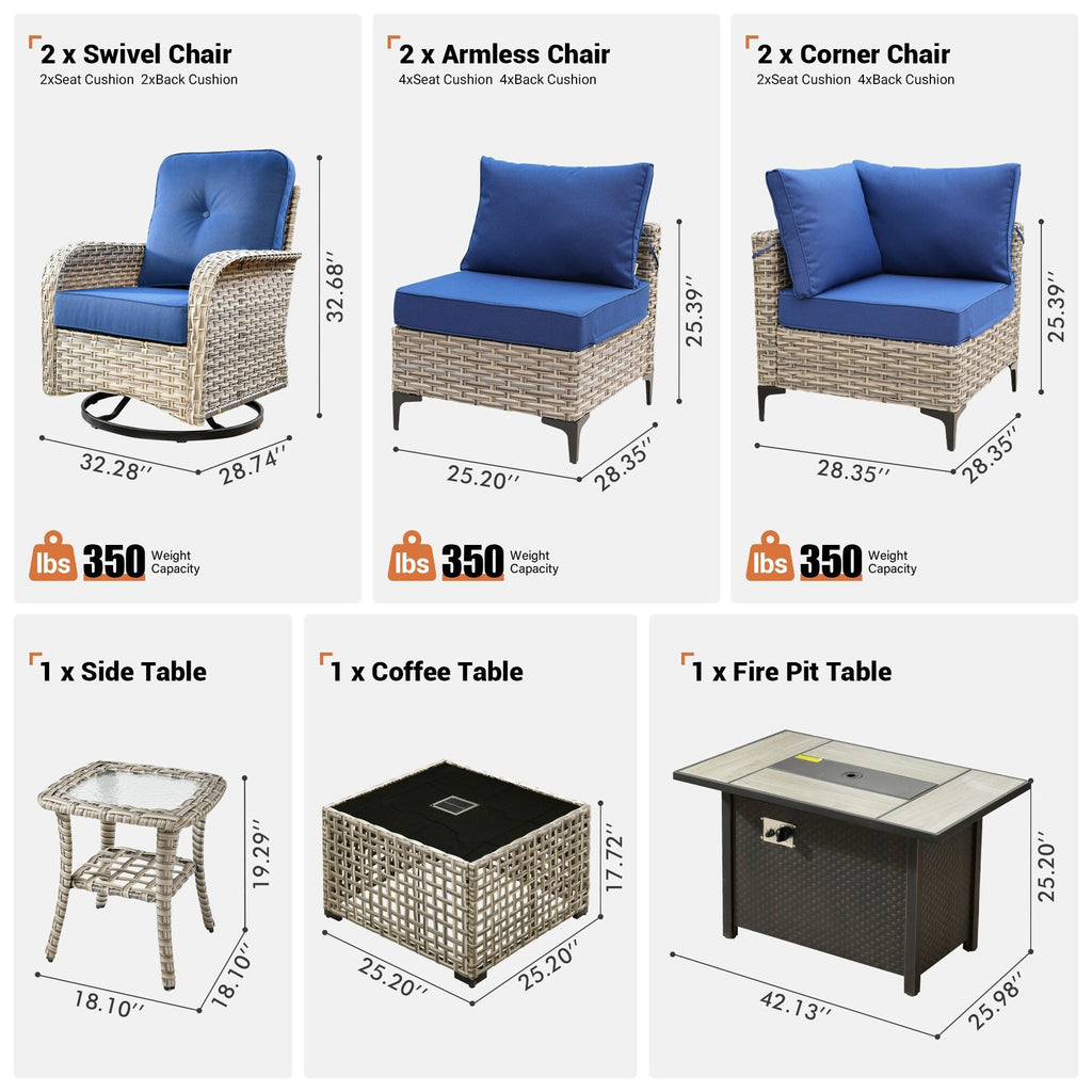 Ensemble de 9 chaises pivotantes d'extérieur en osier OVIOS avec table à feu