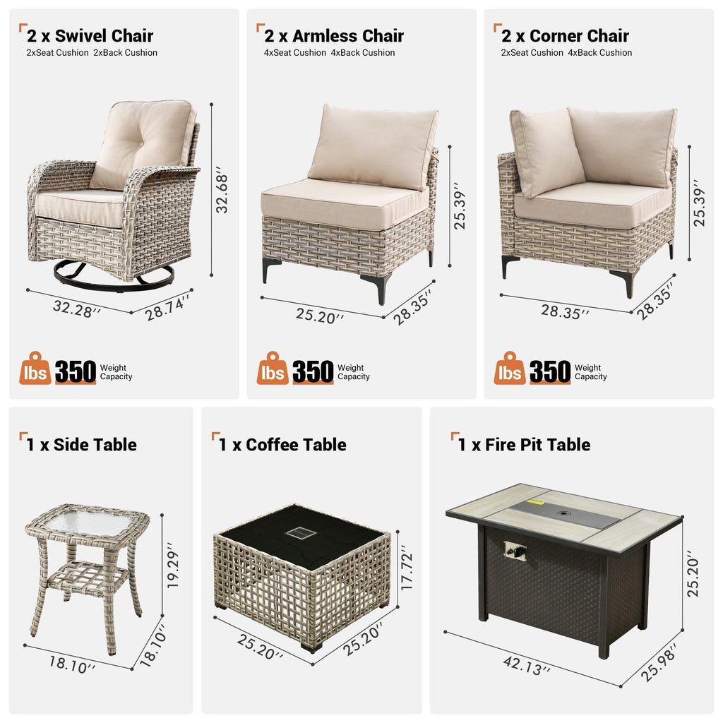 Ensemble de 9 chaises pivotantes d'extérieur en osier OVIOS avec table à feu