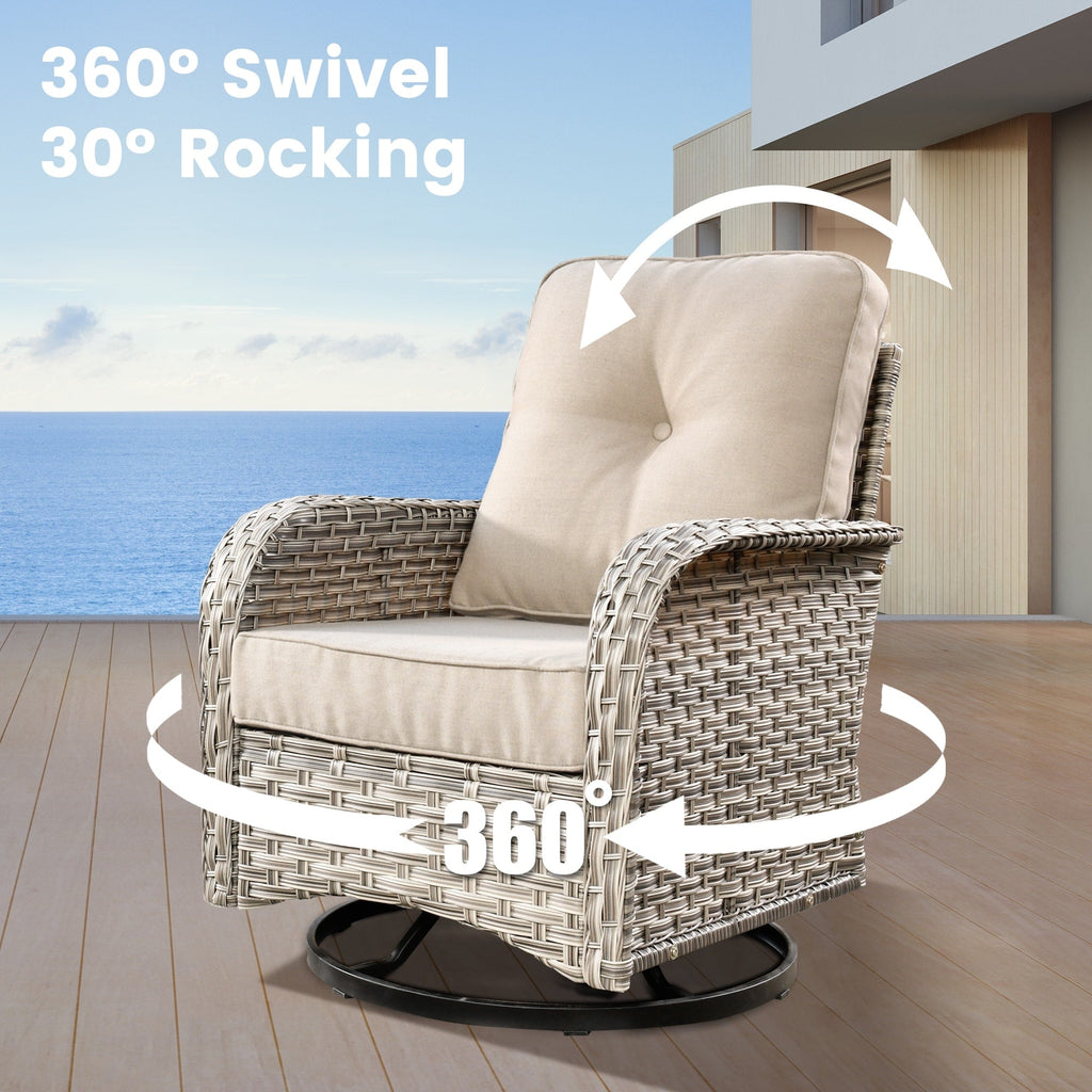 Ensemble de 9 chaises pivotantes d'extérieur en osier OVIOS avec table à feu