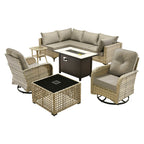 Ensemble de 9 chaises pivotantes d'extérieur en osier OVIOS avec table à feu