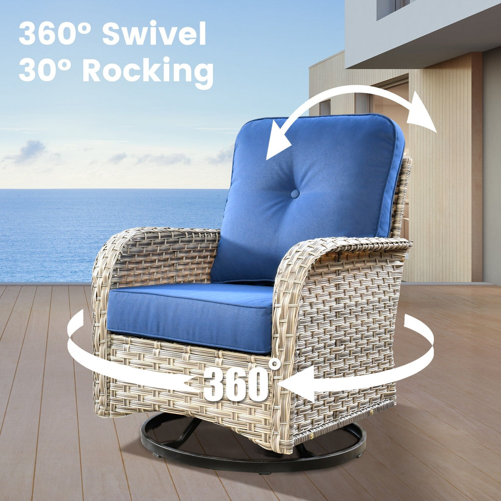 Ensemble de 9 chaises pivotantes d'extérieur en osier OVIOS avec table à feu