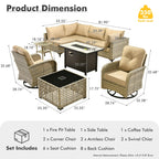 Ensemble de 9 chaises pivotantes d'extérieur en osier OVIOS avec table à feu