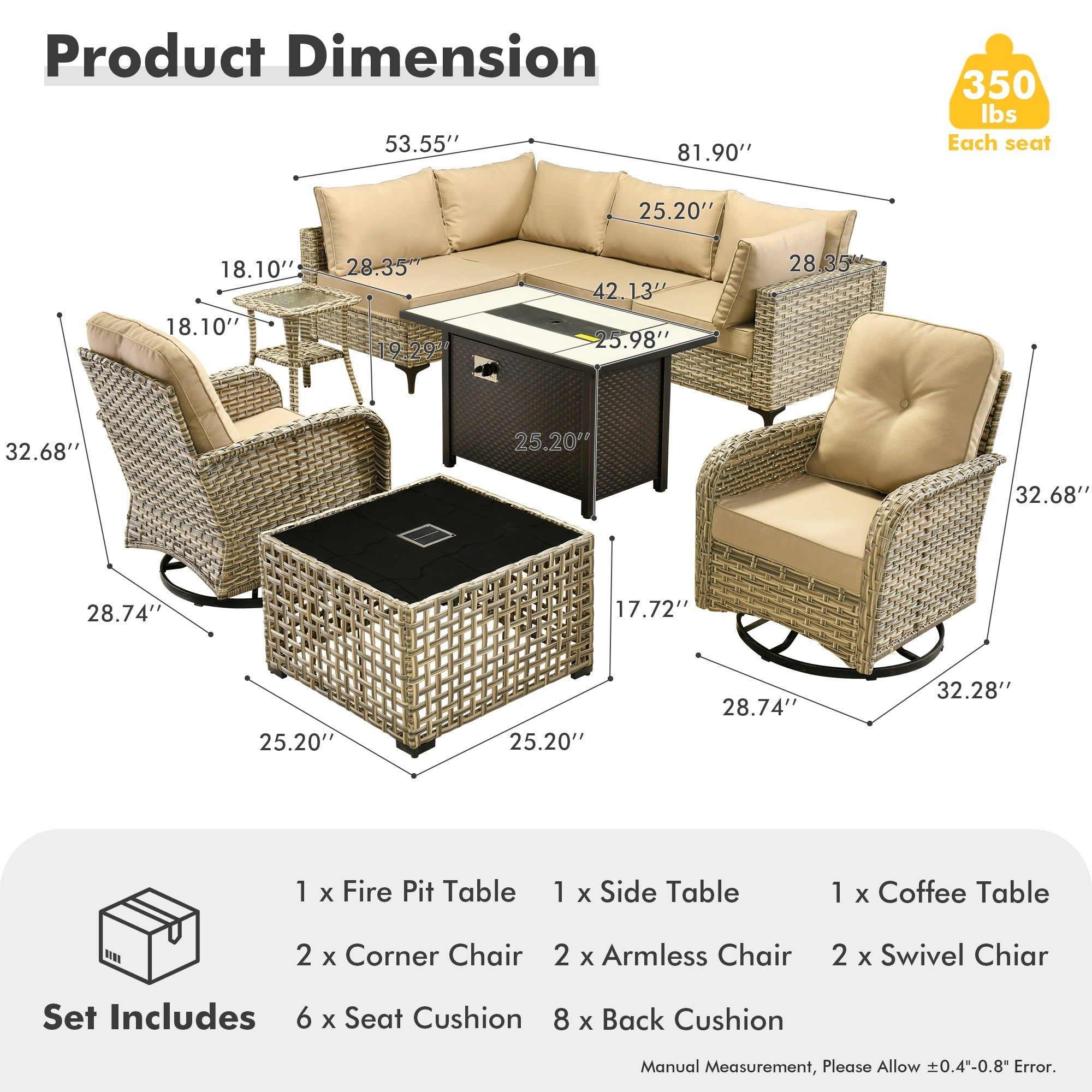 Ensemble de 9 chaises pivotantes d'extérieur en osier OVIOS avec table à feu